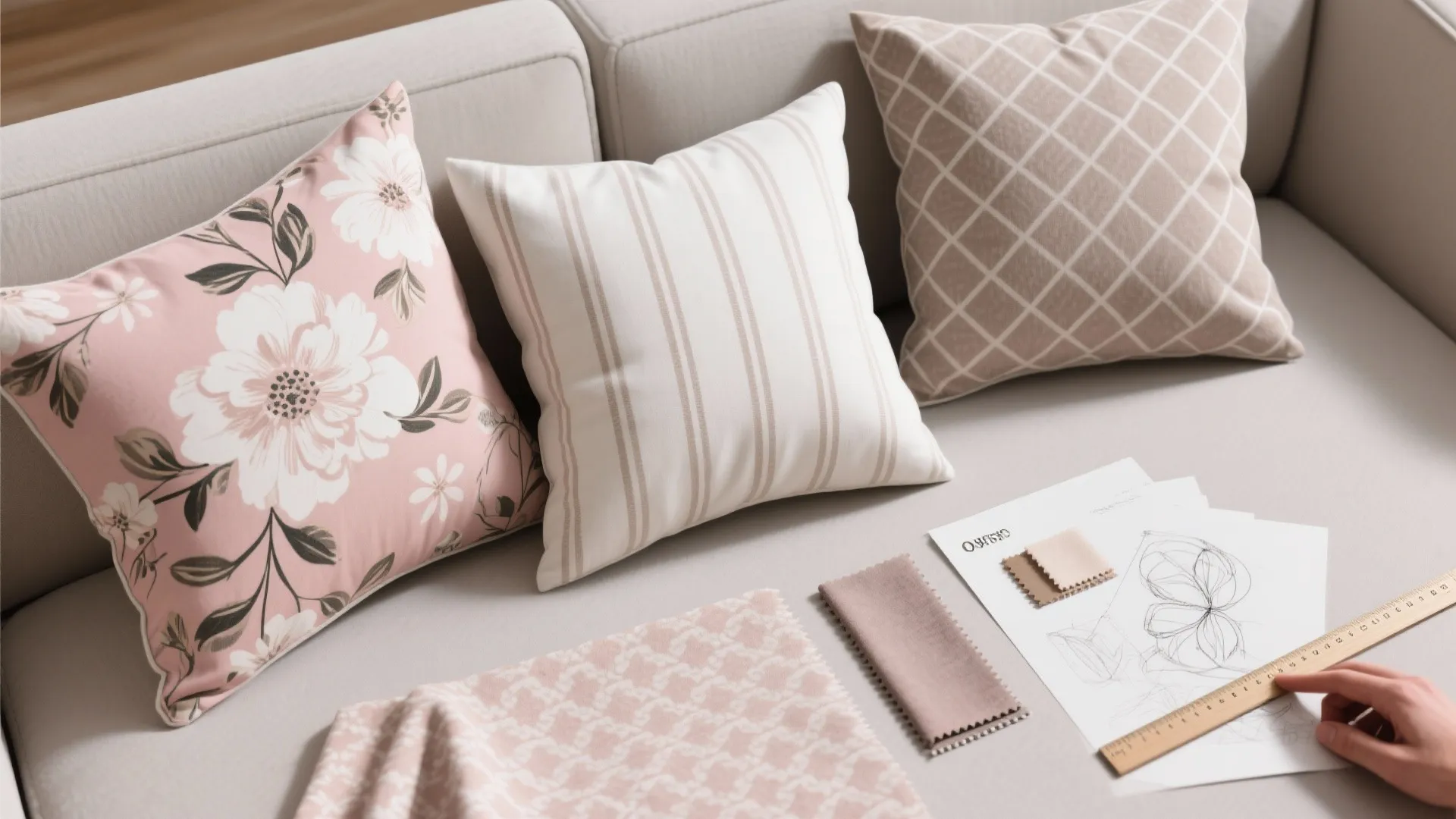 Interior design mood board with patterned pillows fabric swatches and flower sketches on a sofa