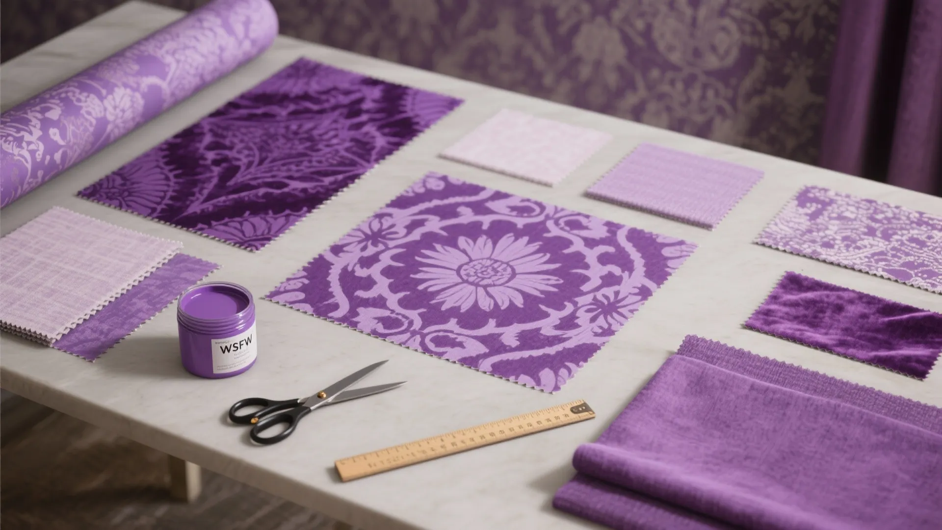 Interior design mood board with purple fabric samples wallpaper roll paint can scissors and ruler