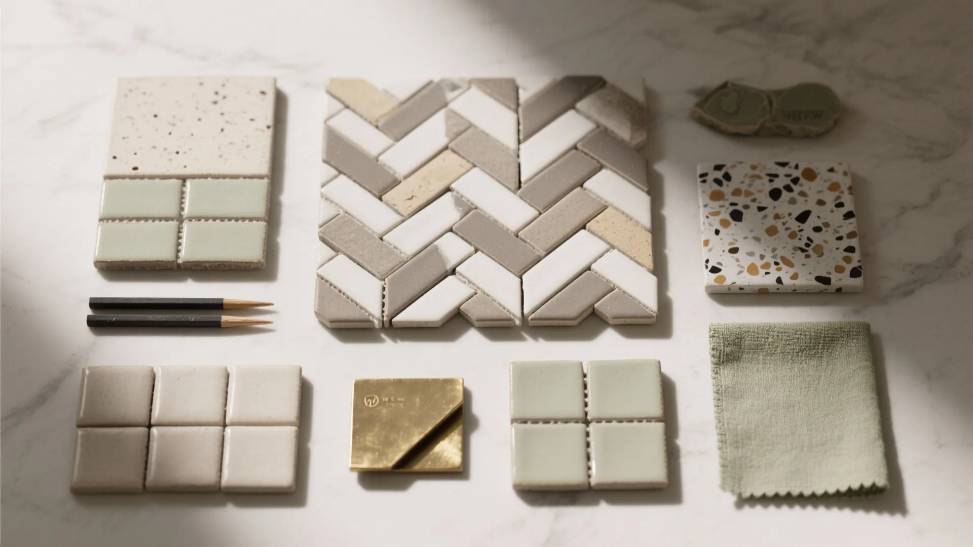 Pattern play: herringbone, terrazzo, and zellige accents