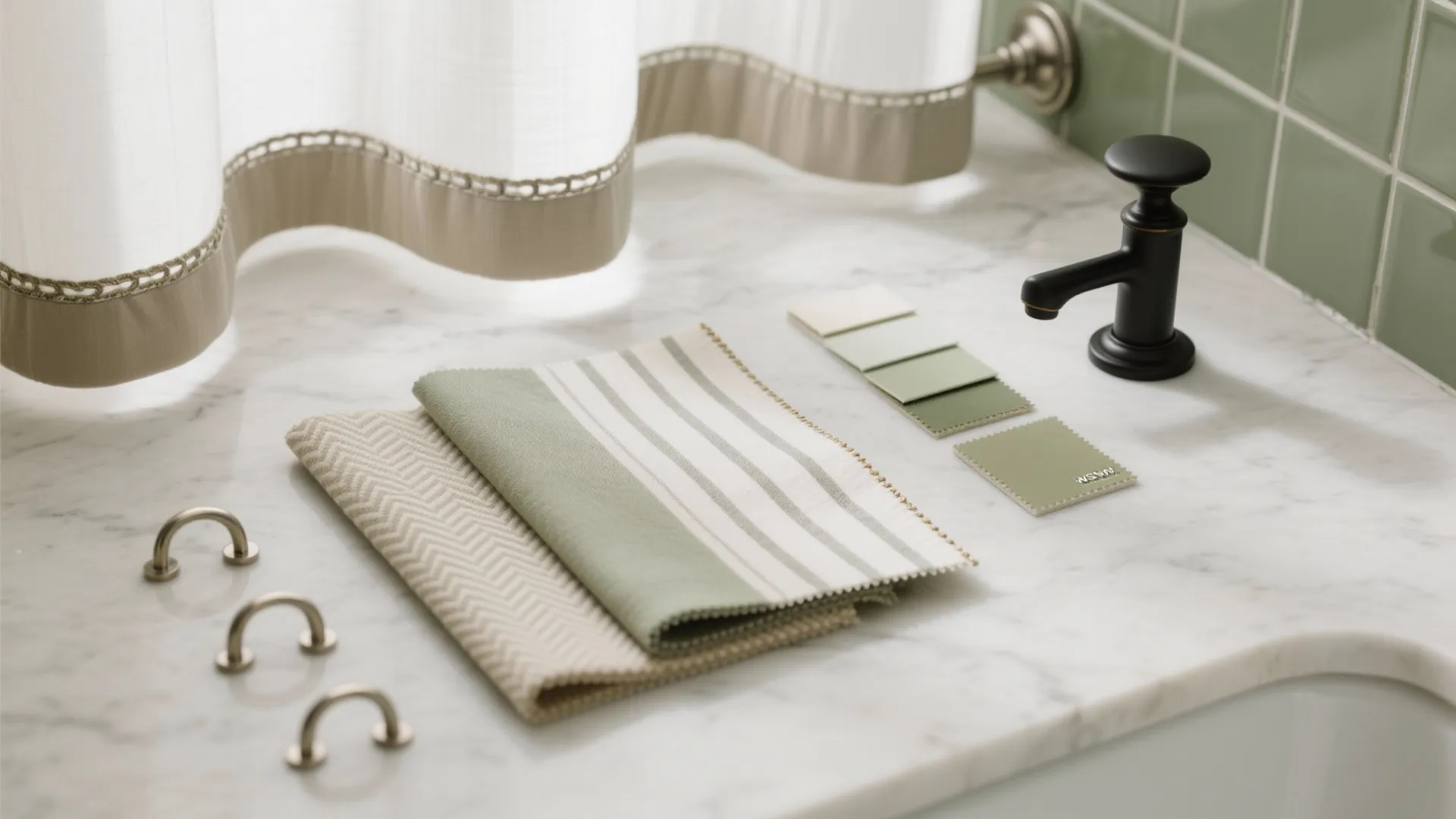 Flatlay of subtle fabric textures and hardware for small bathroom window curtains: micro herringbone, fine stripe, and satin nickel.