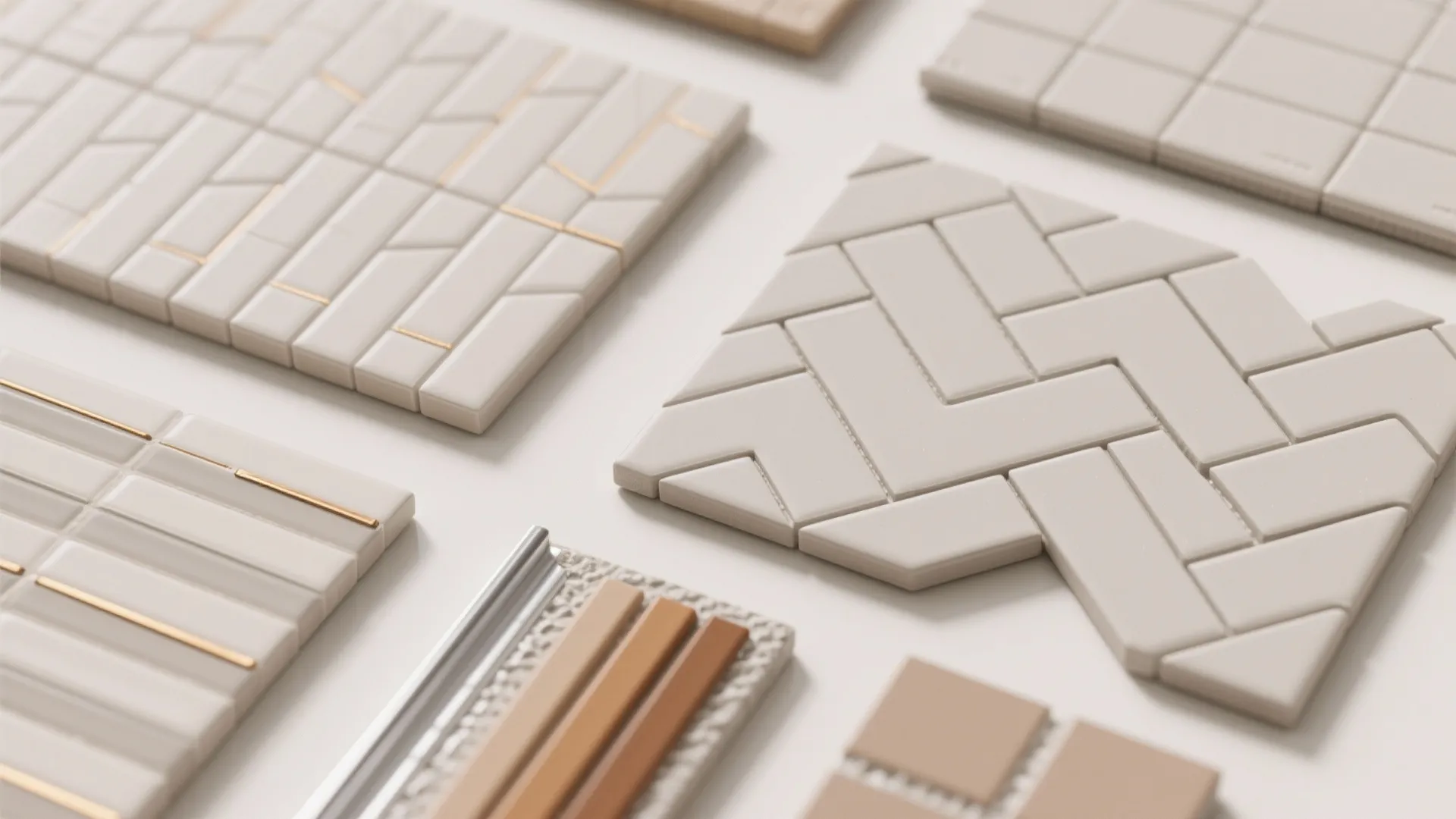 Collection of white ceramic floor tiles with various textured patterns and geometric shapes on white surface