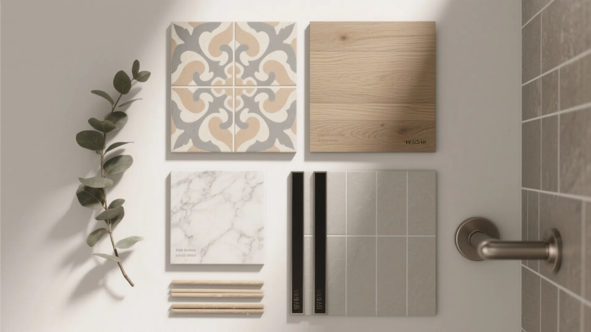 Material mood board with pattern tile wood board marble sample grey tile and green leaf