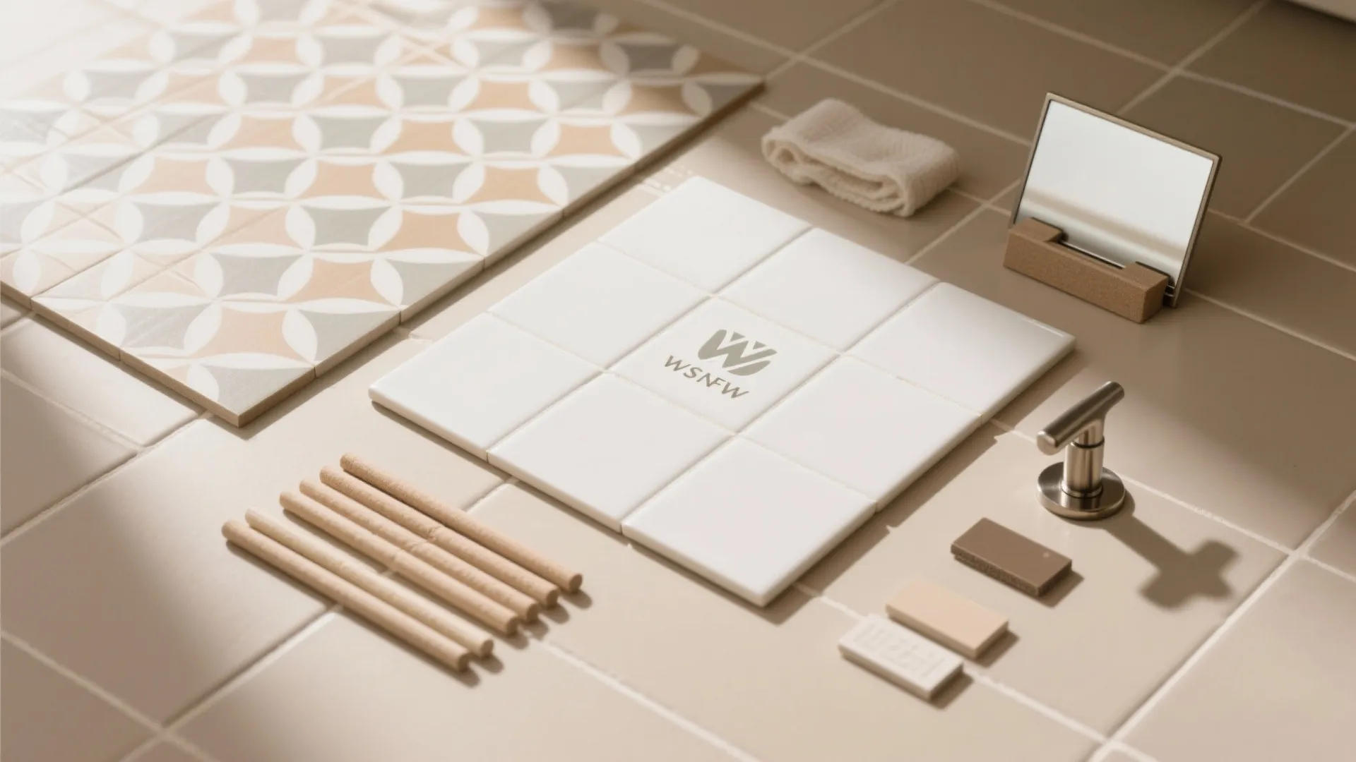 Flat lay with patterned tile, plain white tile, warm matte floor tile, grout, and metal finishes.