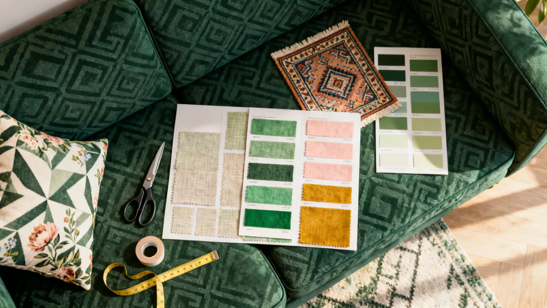 Top-down flatlay of rug and cushion pattern samples coordinated with a dark green sofa