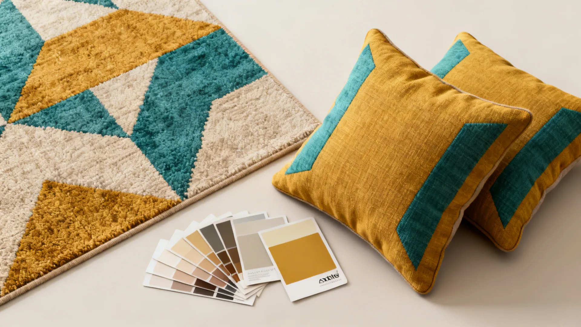 Flatlay of geometric rug and cushion swatches with neutral paint chips for mid-century design.