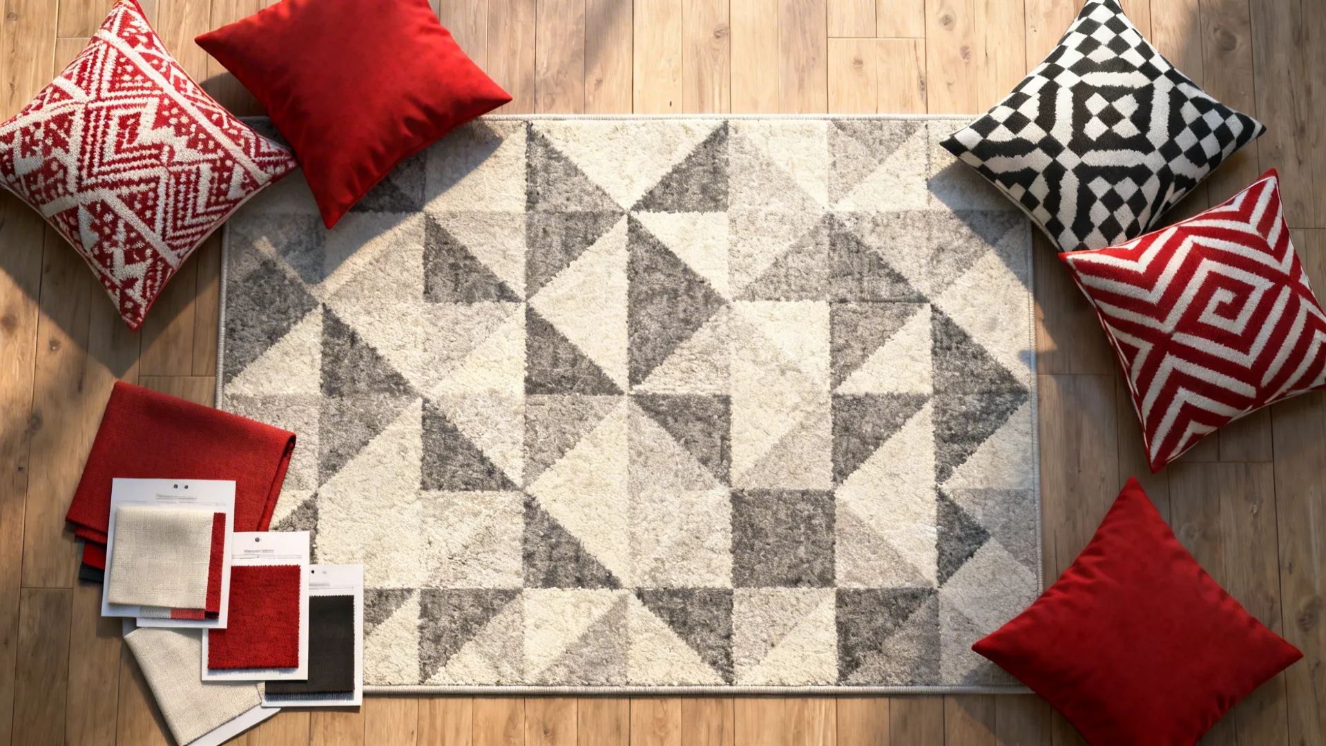 Flatlay of geometric rug, patterned pillows and fabric swatches for a red sofa scheme.