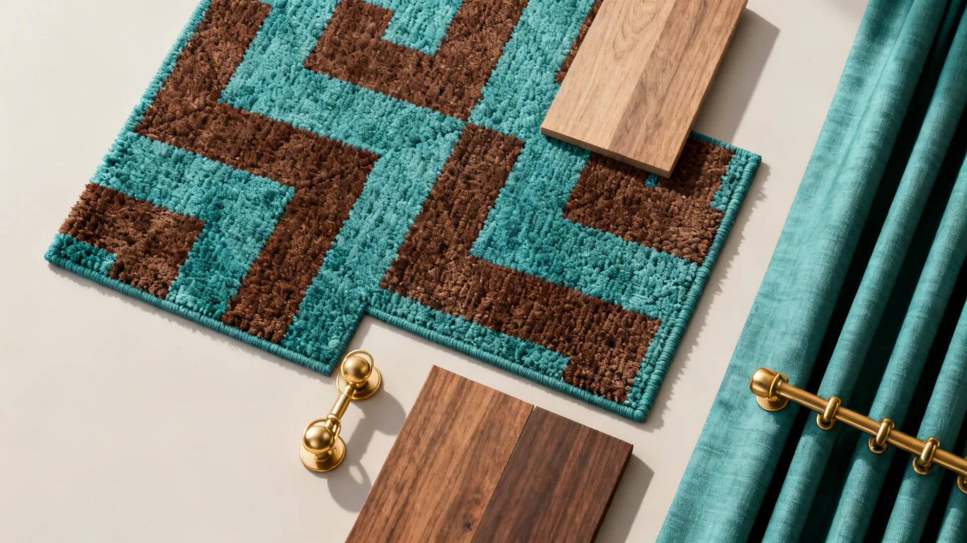 Material board with teal brown patterned rug, wood floor samples, gold handle, and teal curtain