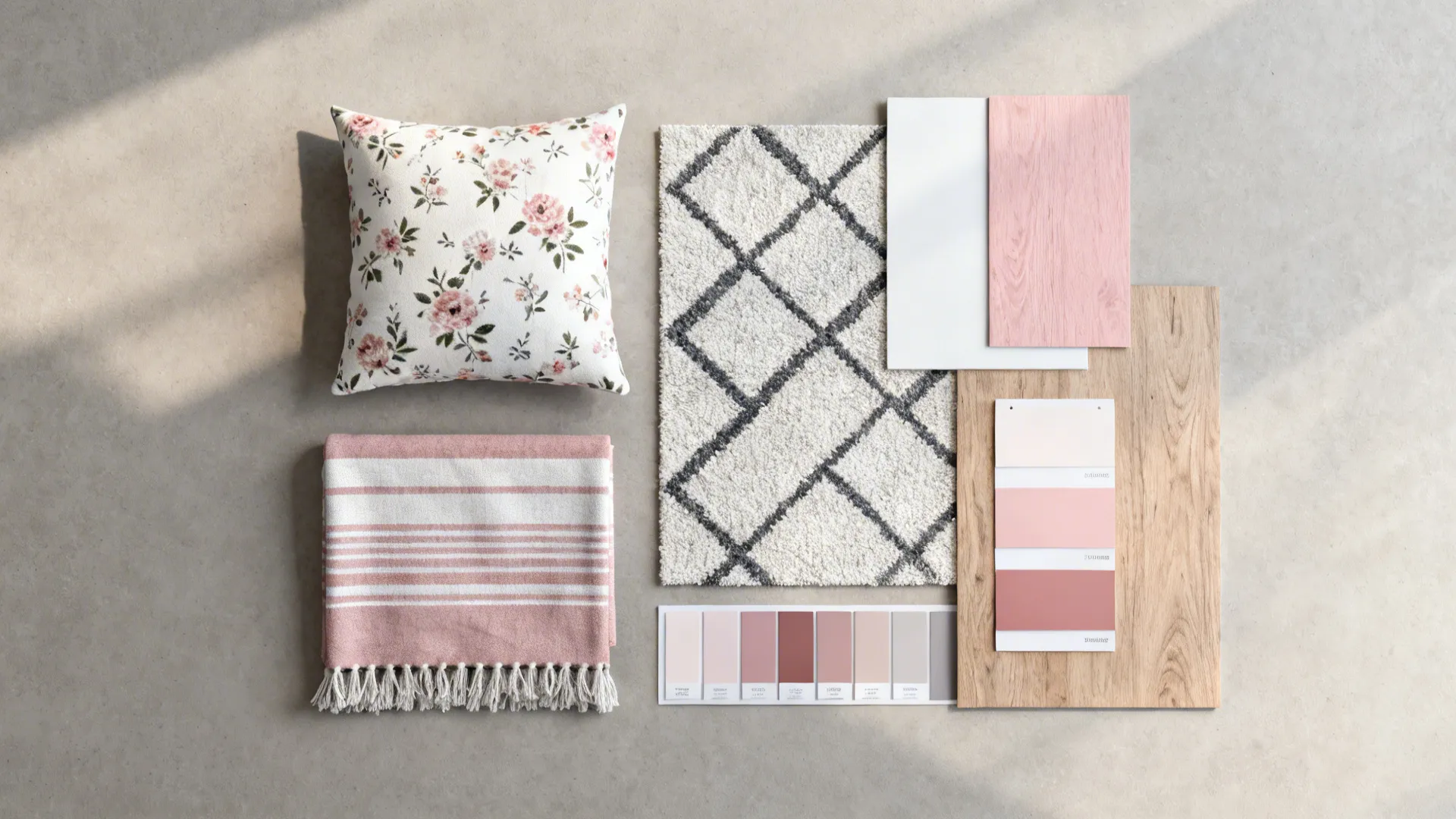 Interior design flat lay with floral pillow pink blanket patterned rug wood samples and color swatches