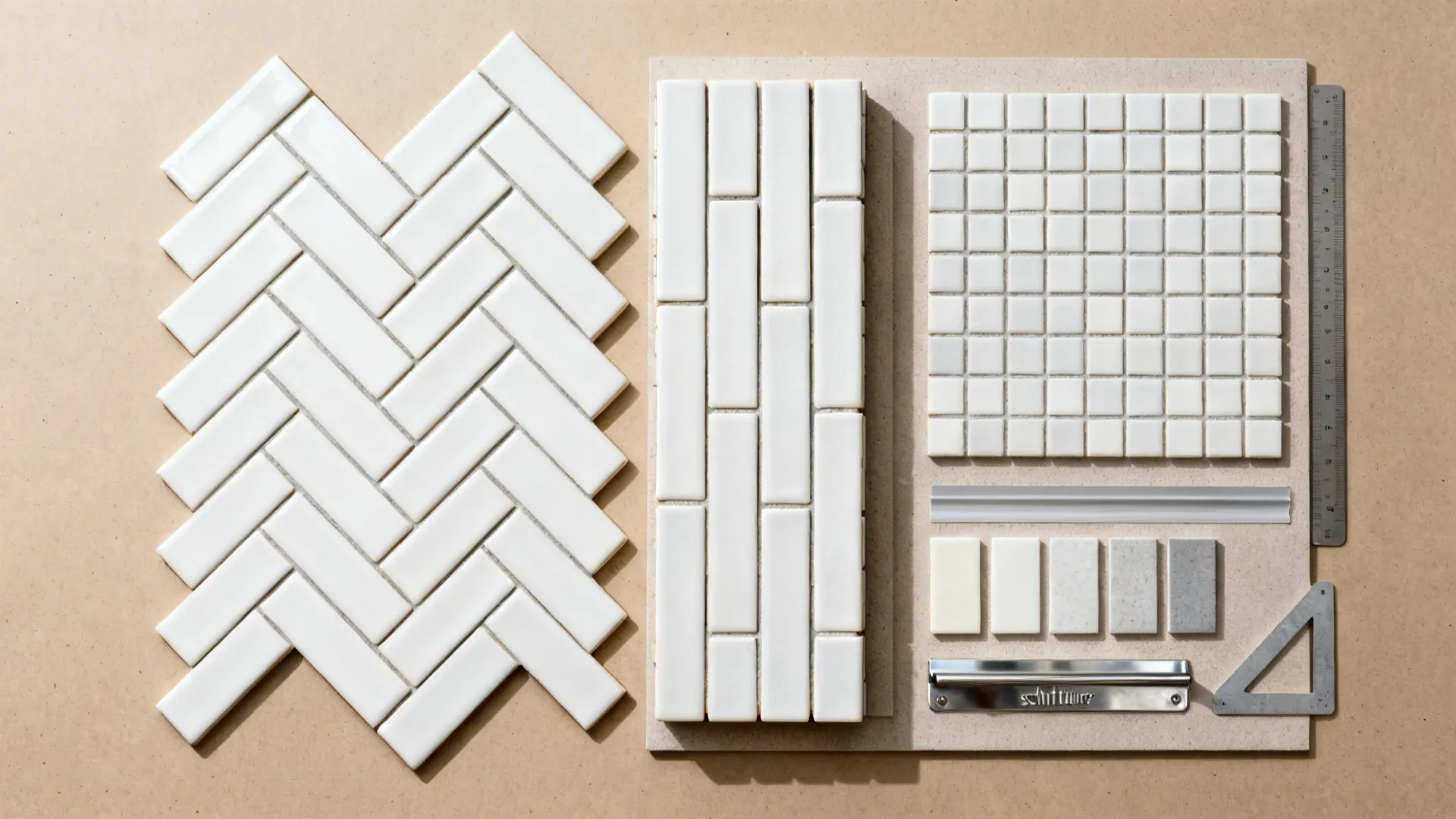 Top-down flat lay showing herringbone, vertical stack, and grid tile samples with grout swatches.