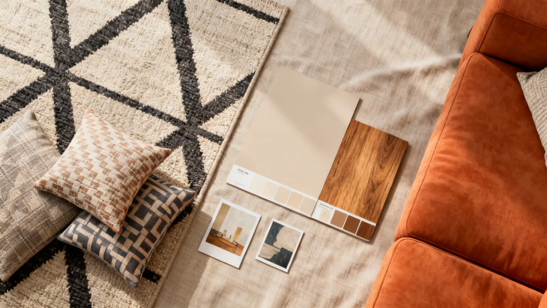 Top-down flatlay of rug, cushion fabrics, paint and wood samples for styling around an orange sofa.