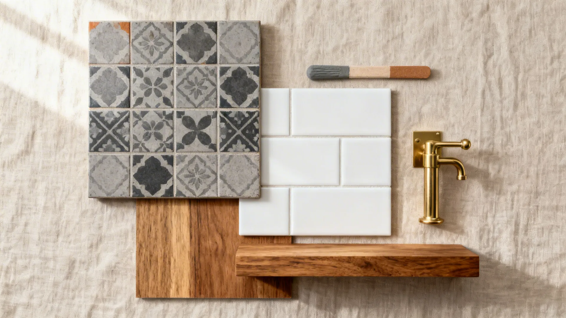 Flat lay of patterned porcelain tile, white field tile, warm gray grout, oak, and brushed brass.