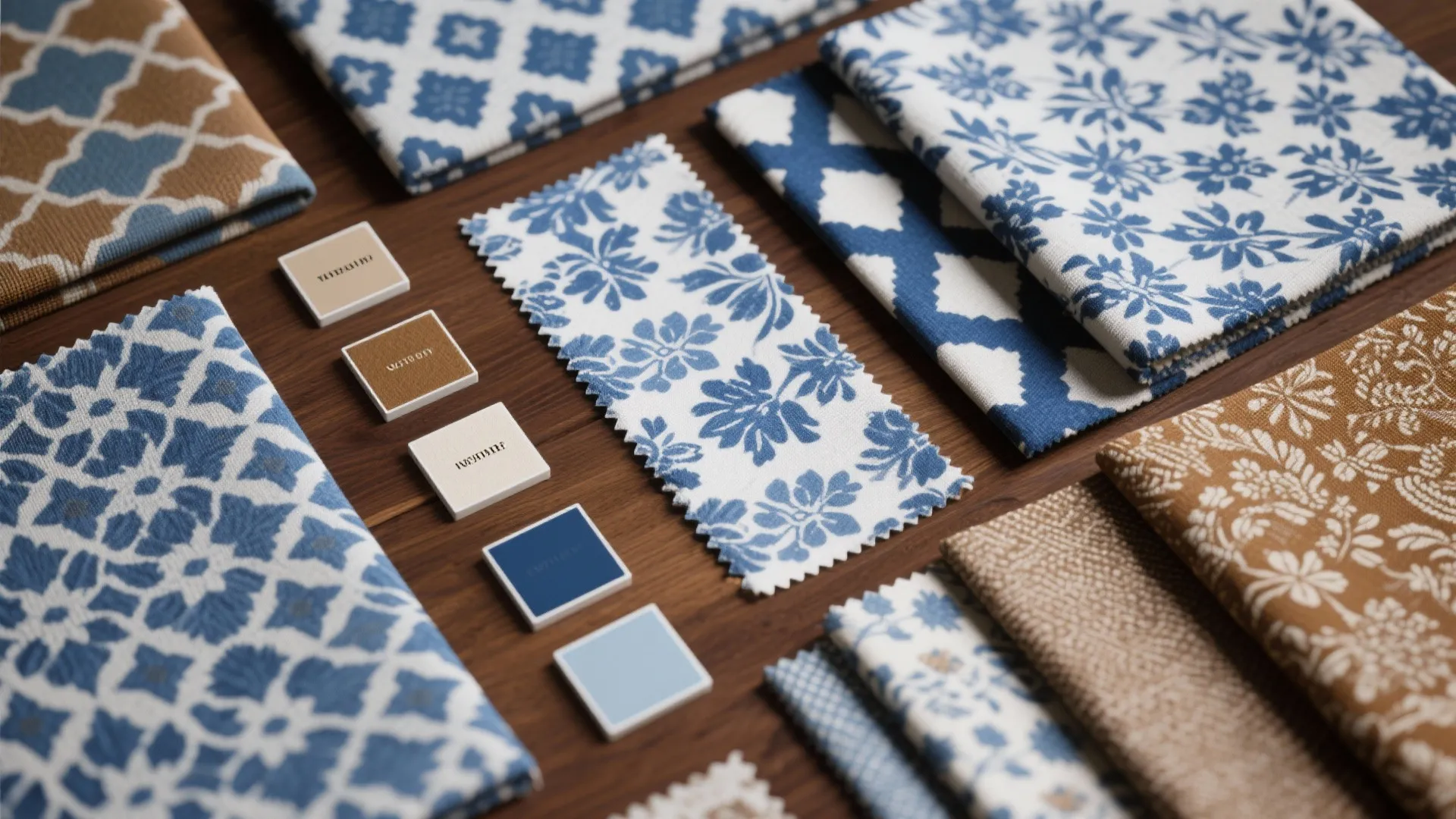 Top-down flatlay of blue floral and geometric fabric swatches on a brown wood background with paint chips.