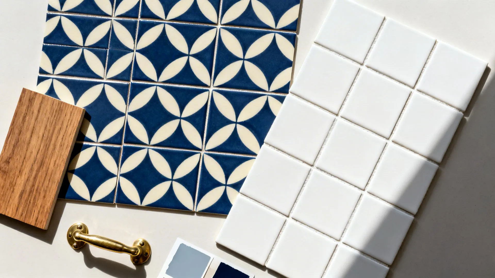 Top-down flat lay of navy patterned tiles with white tiles, wood, and brass.