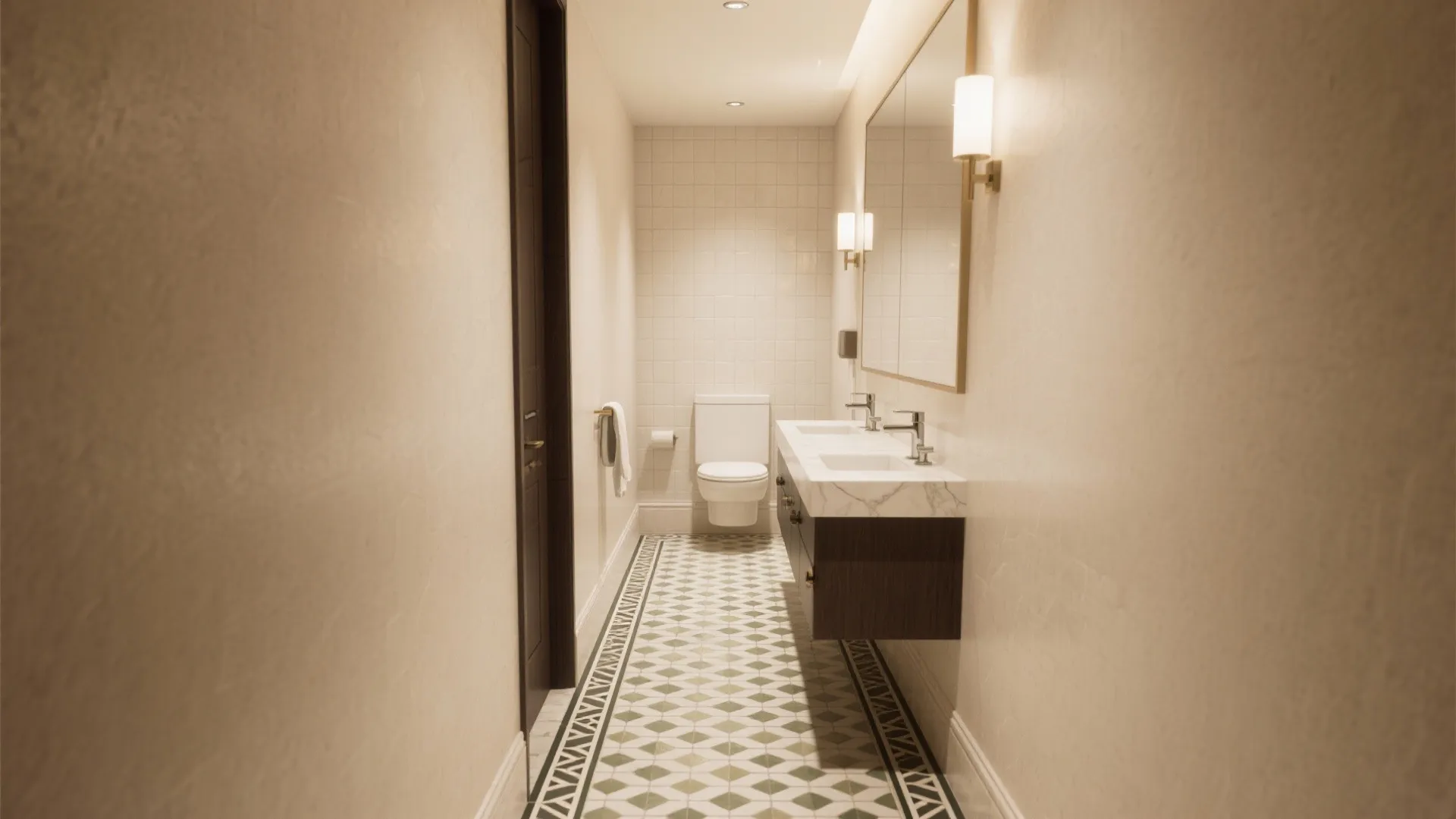 Modern bathroom interior with patterned floor tiles double sink vanity mirror wall lights and toilet