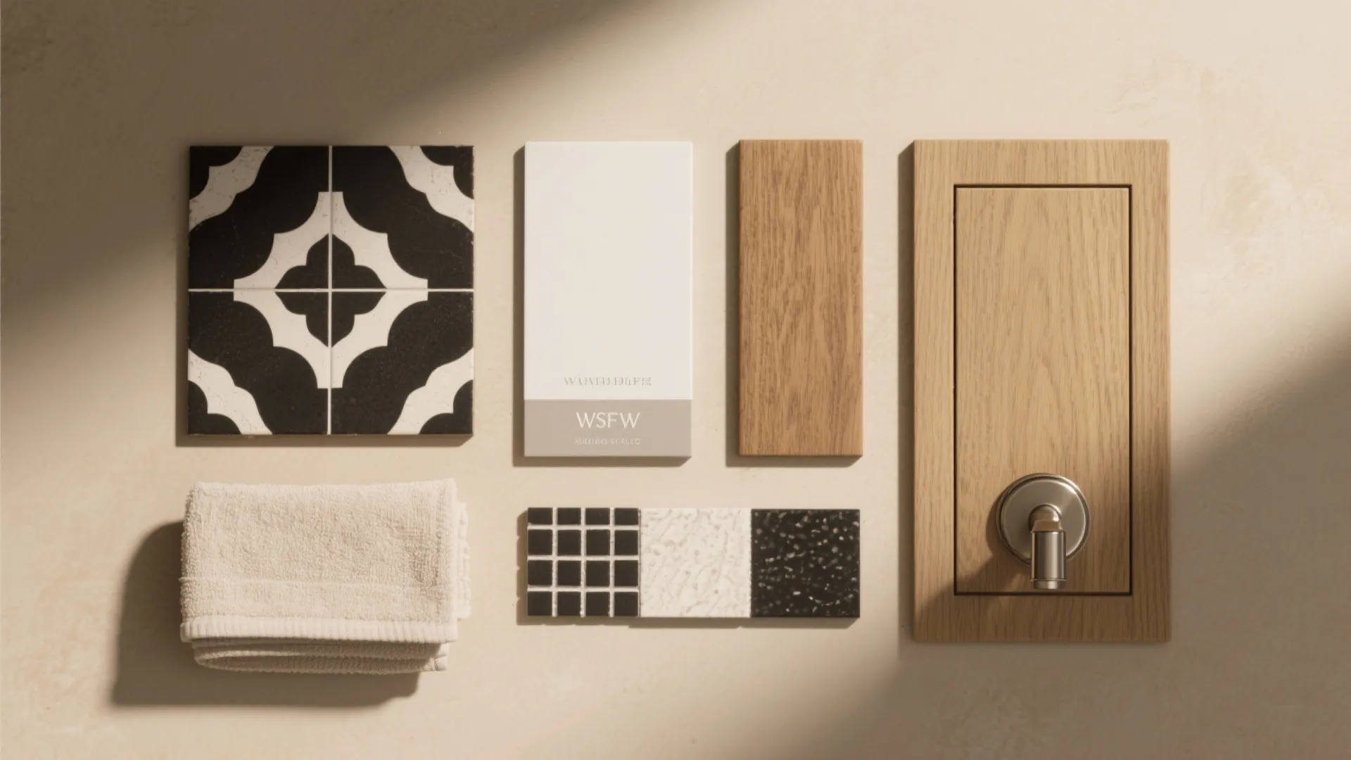 Interior design material board with patterned tile wood samples white color board and folded towel