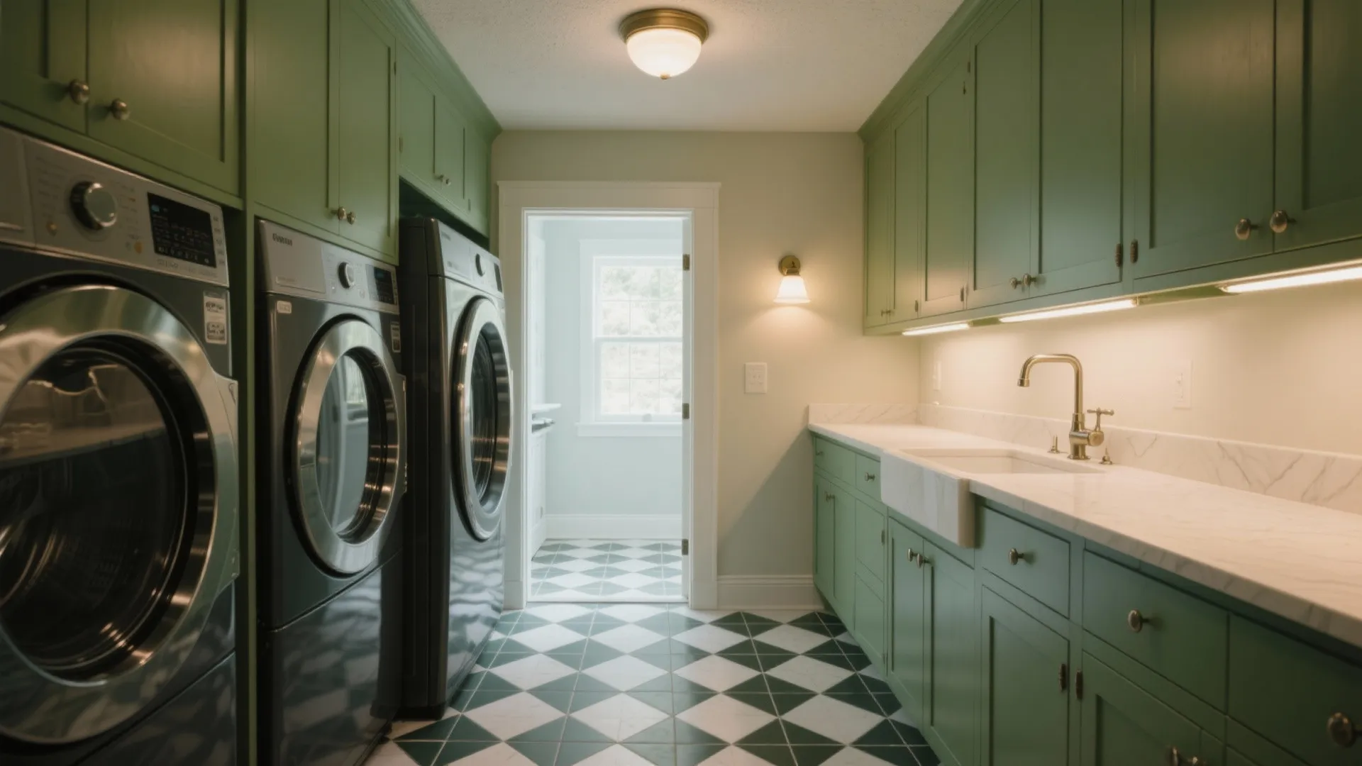 Laundry room with green cabinets marble countertop black and white patterned floor tiles and washer