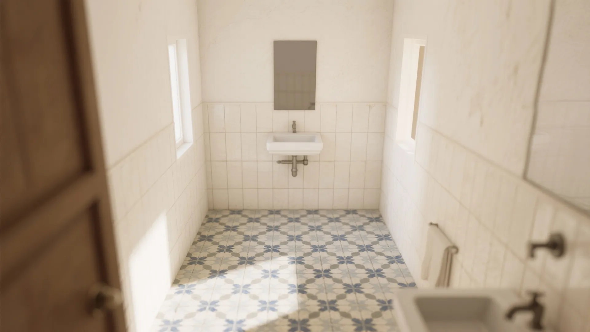 Small-scale patterns on the floor, calm walls