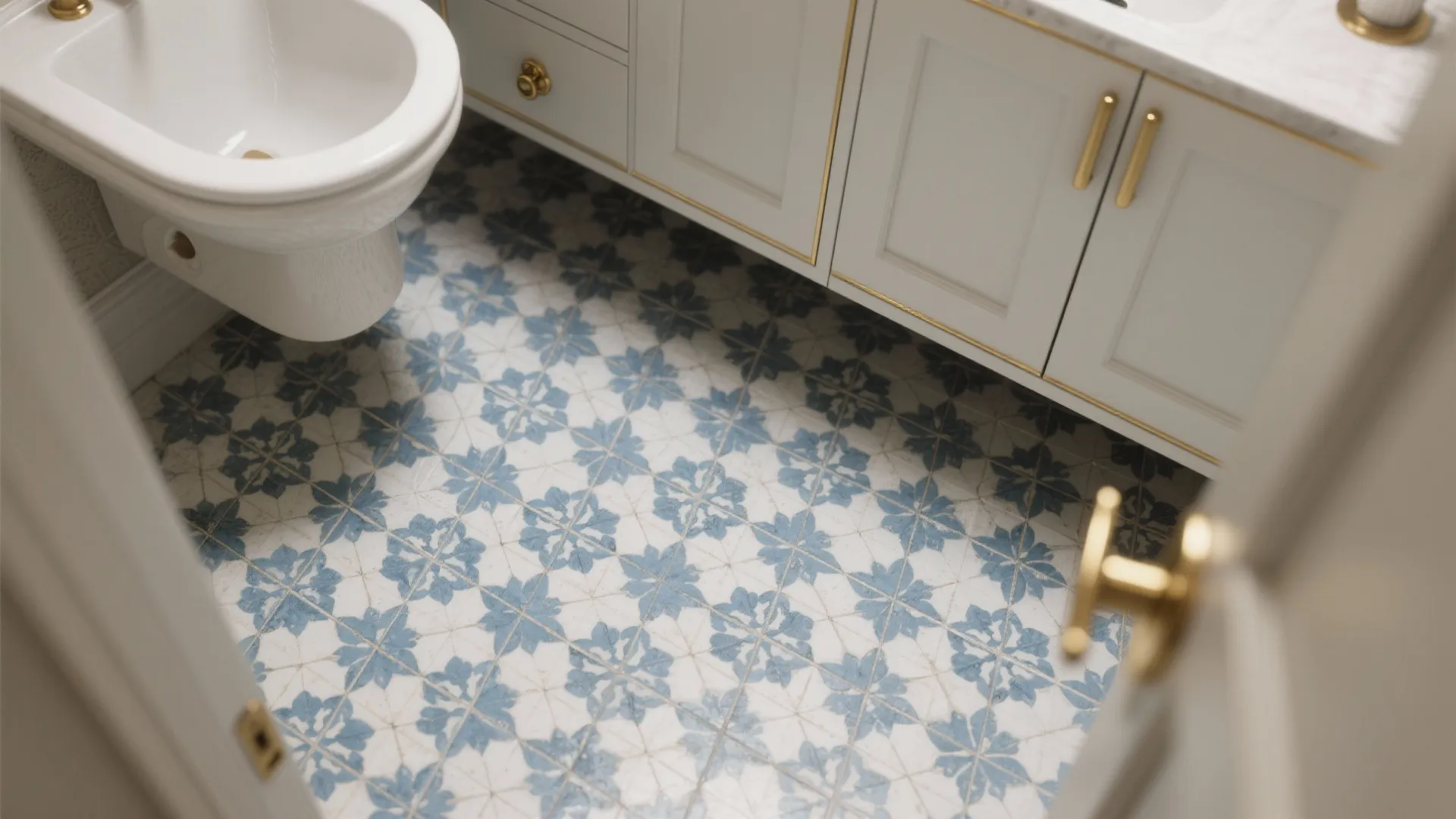 3. Patterned Blue Floors + Matte Gold Details
