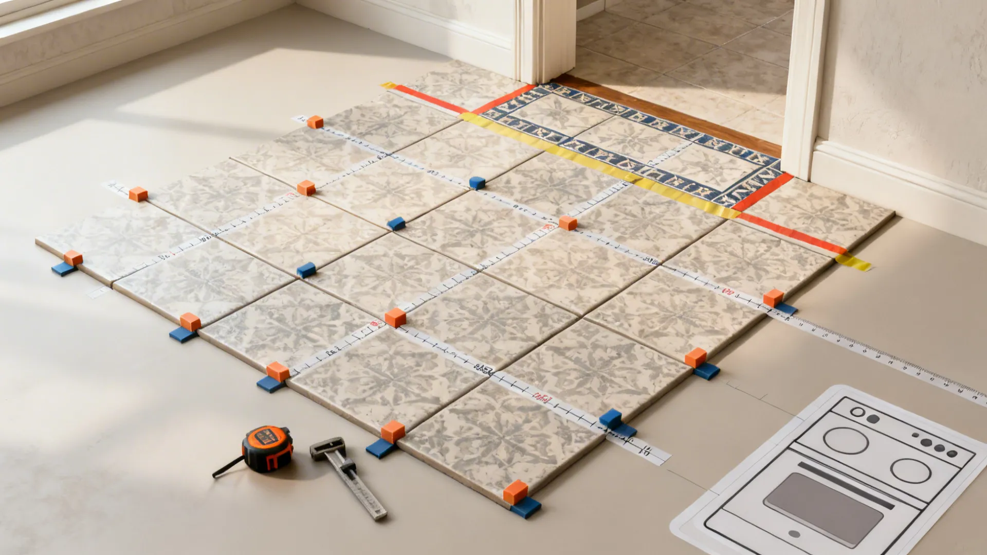 Top-down layout of 8x8 patterned tiles with border planning and alignment marks.