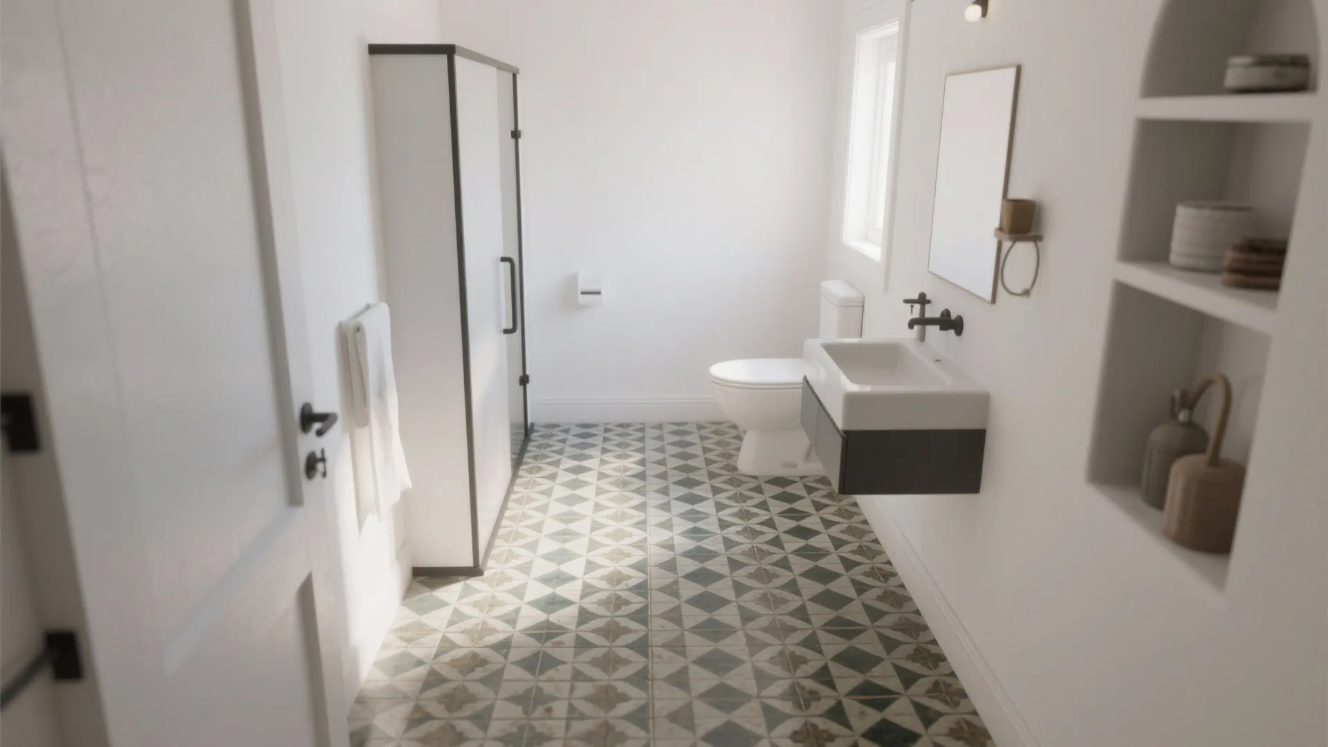 White bathroom with patterned floor tiles showing a sink toilet mirror and small wall shelves