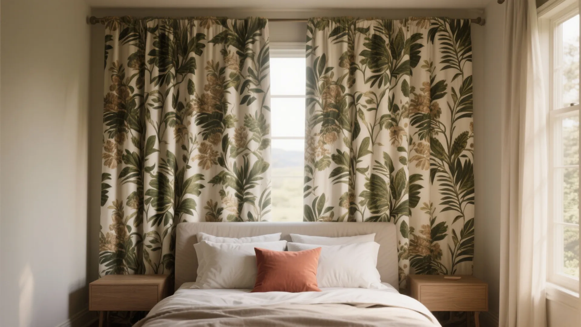 Cozy bedroom design with white bed, orange pillow, floral curtains, wooden tables, and bright window