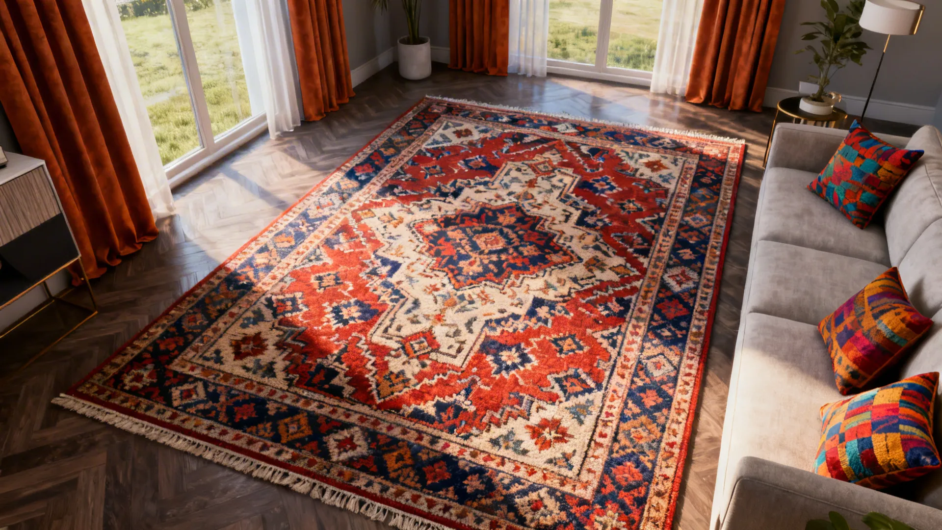 Living room centered on a bold patterned 10x12 rug that sets the room's color palette.