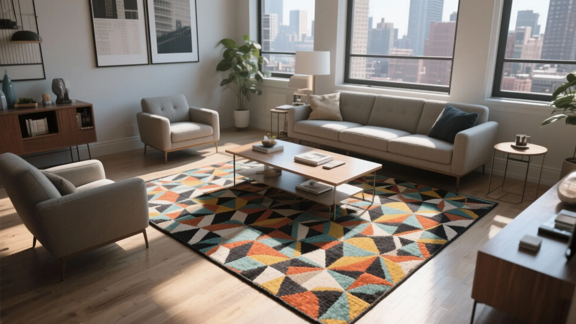 Modern apartment living room with colorful geometric rug grey sofa armchairs and large city windows