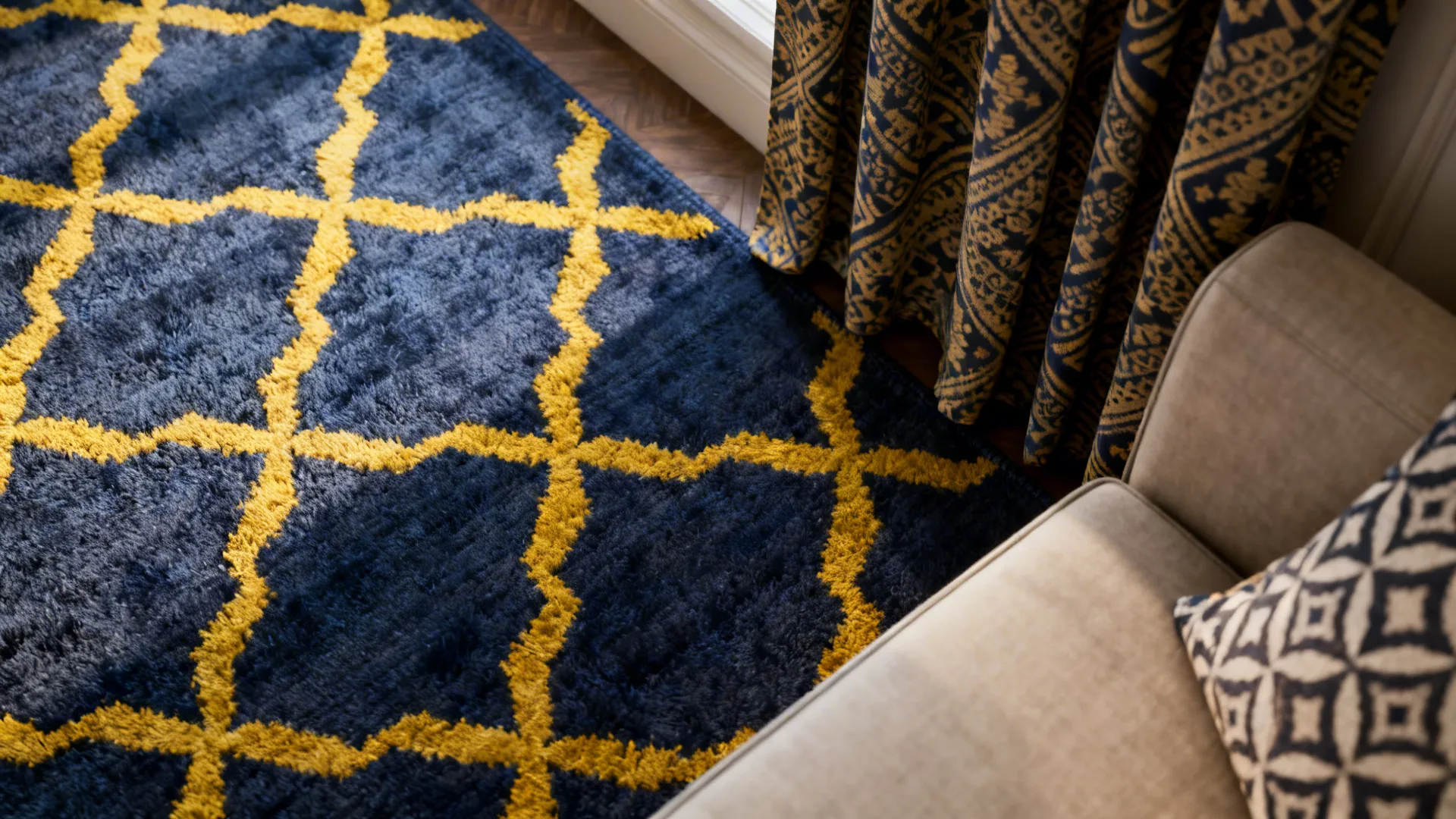 Geometric navy rug with yellow motifs and matching curtains beside a neutral sofa