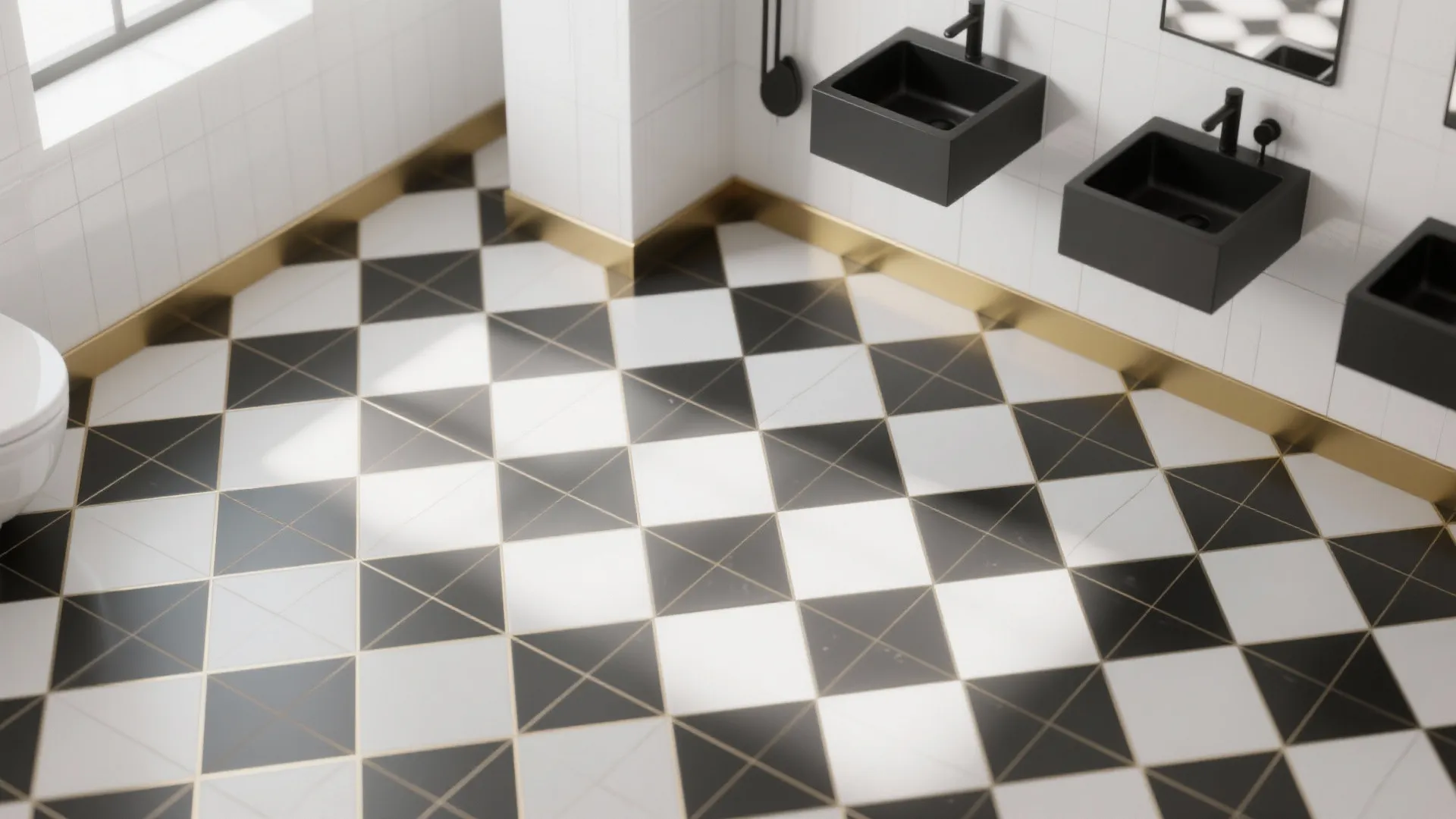 4. Pattern play: black and white tiles with gold grout or trim