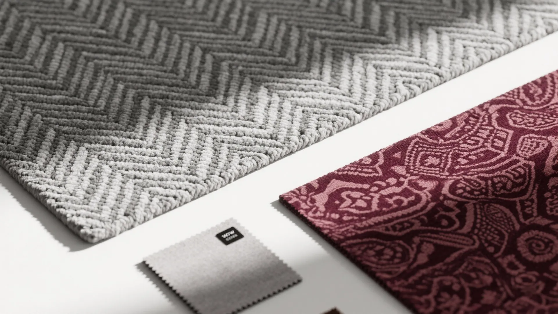 Pattern mix of gray herringbone and burgundy ikat fabrics