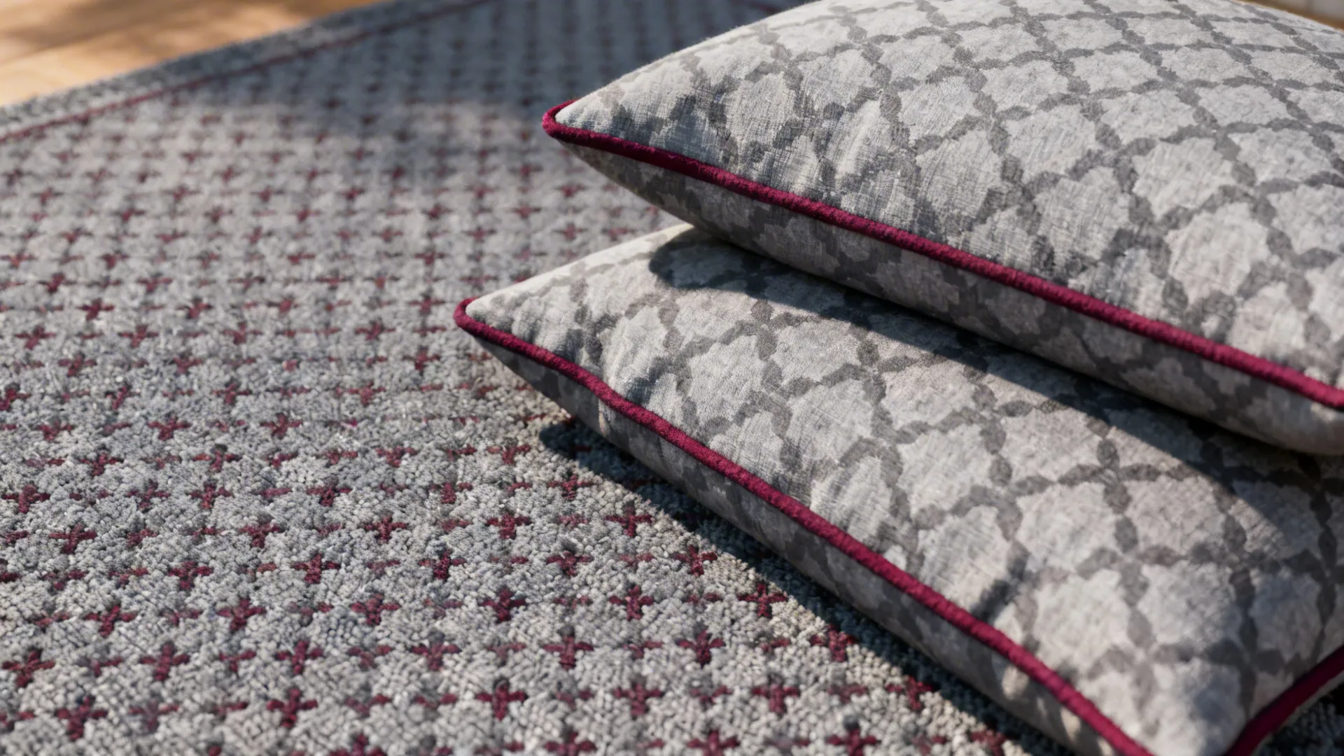 Close-up of gray patterned rug and cushions with burgundy highlights showing scale and texture