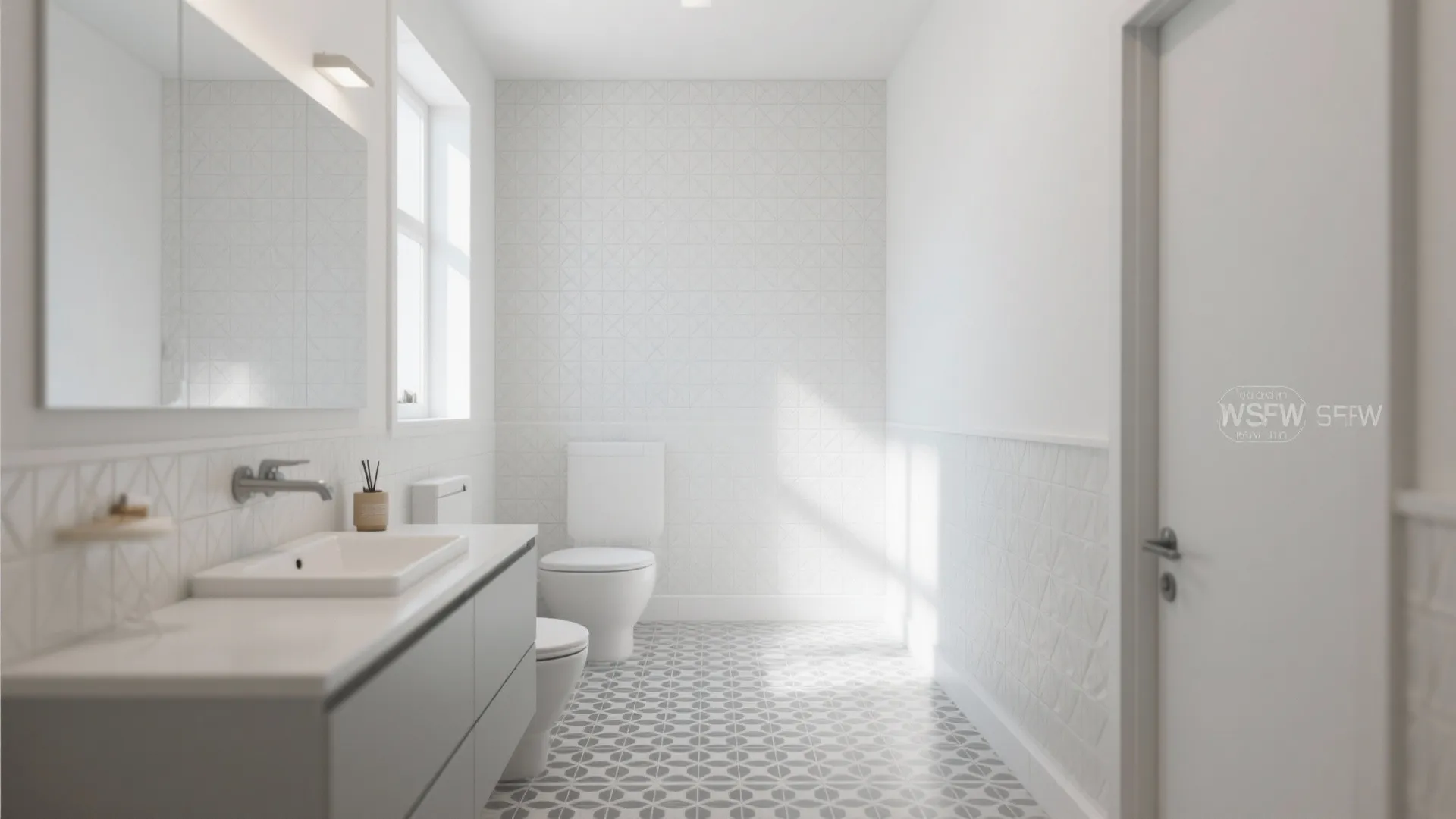 Bright white bathroom with grey patterned floor tiles, white toilet, vanity cabinet and natural light