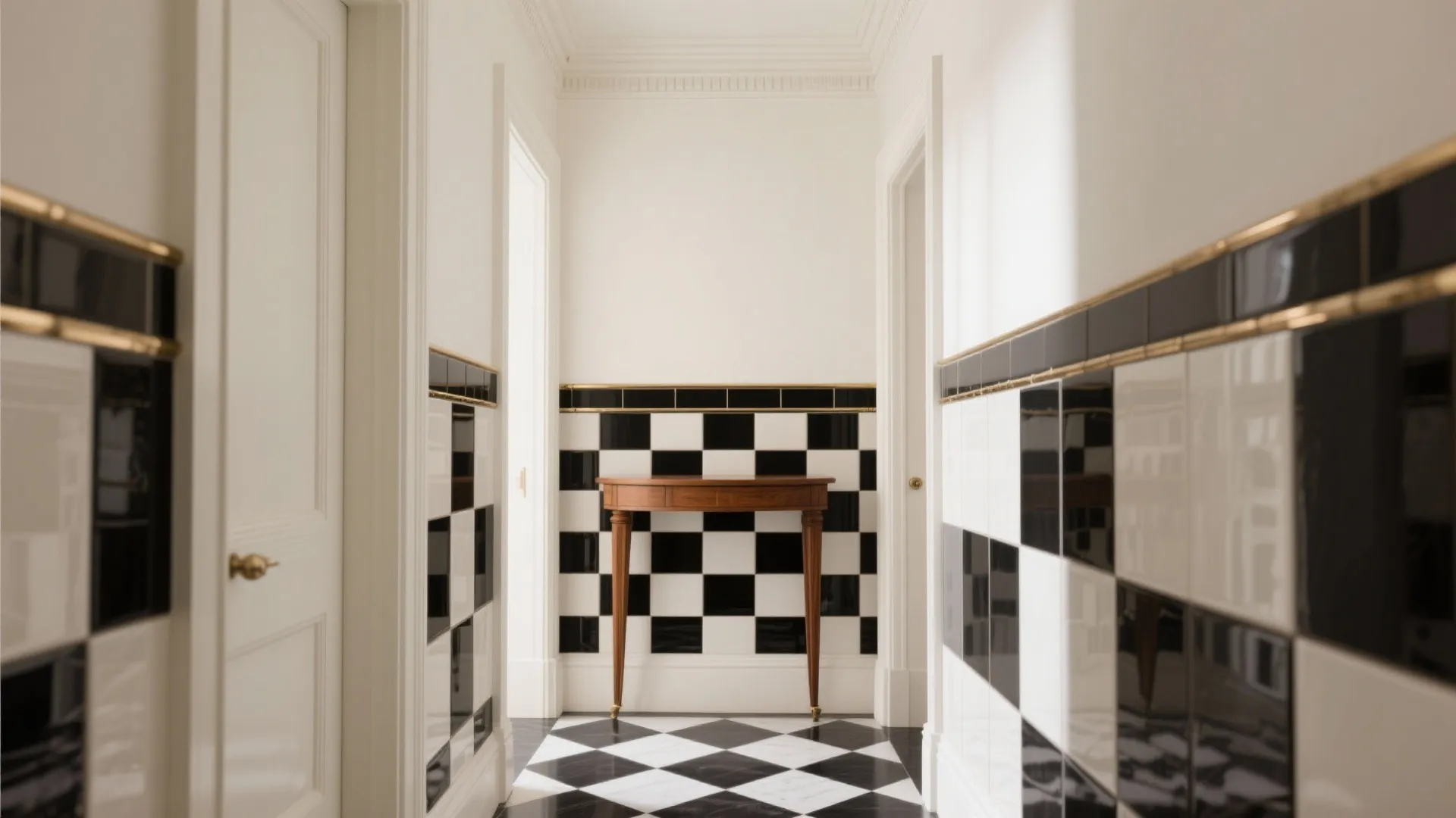 White hallway featuring black and white checkered wall tiles matching floor pattern and wooden table