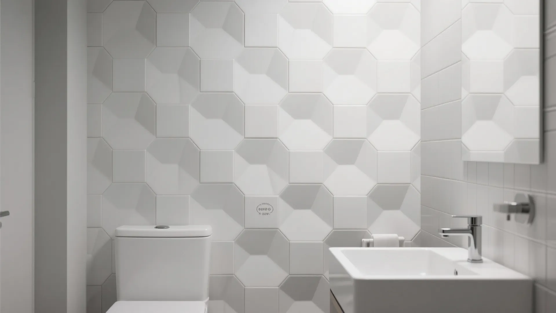 Modern white bathroom with hexagon pattern wall tiles toilet sink faucet mirror and bright lighting