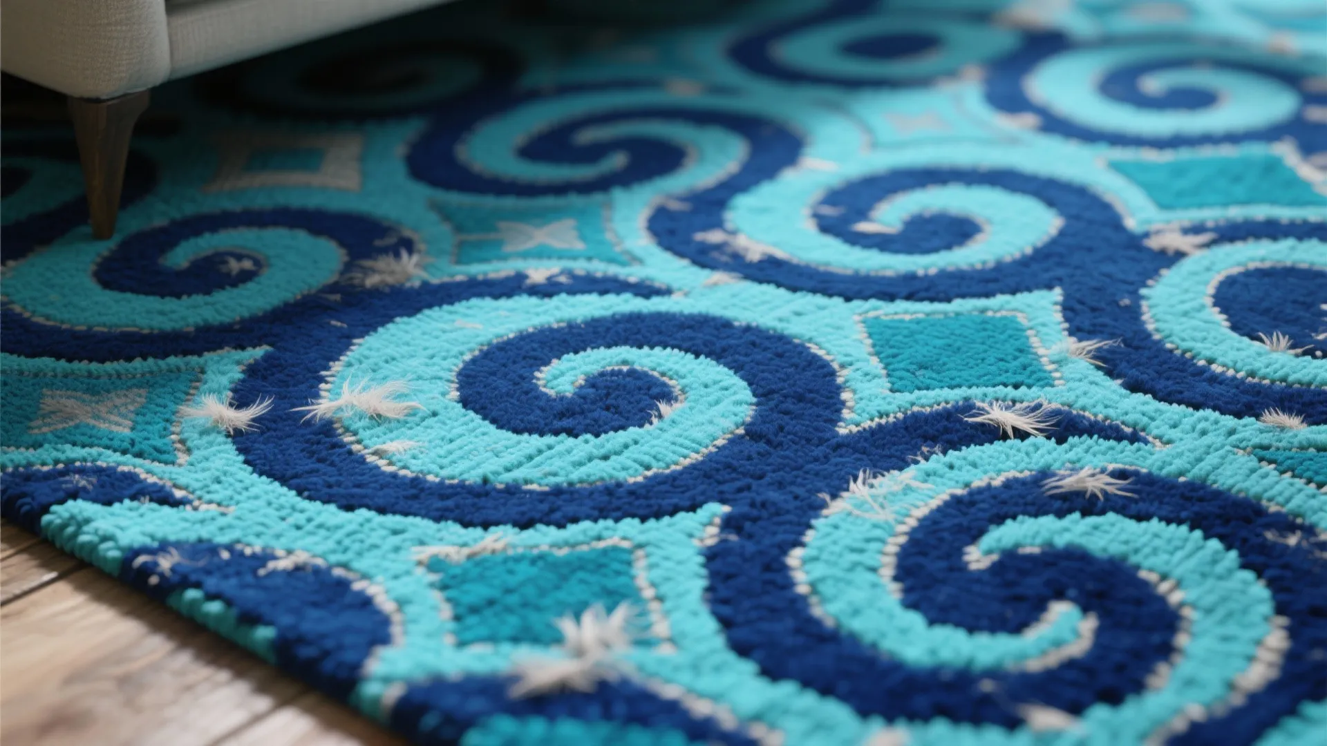 Blue patterned rug with white pet hair on floor next to a grey sofa leg