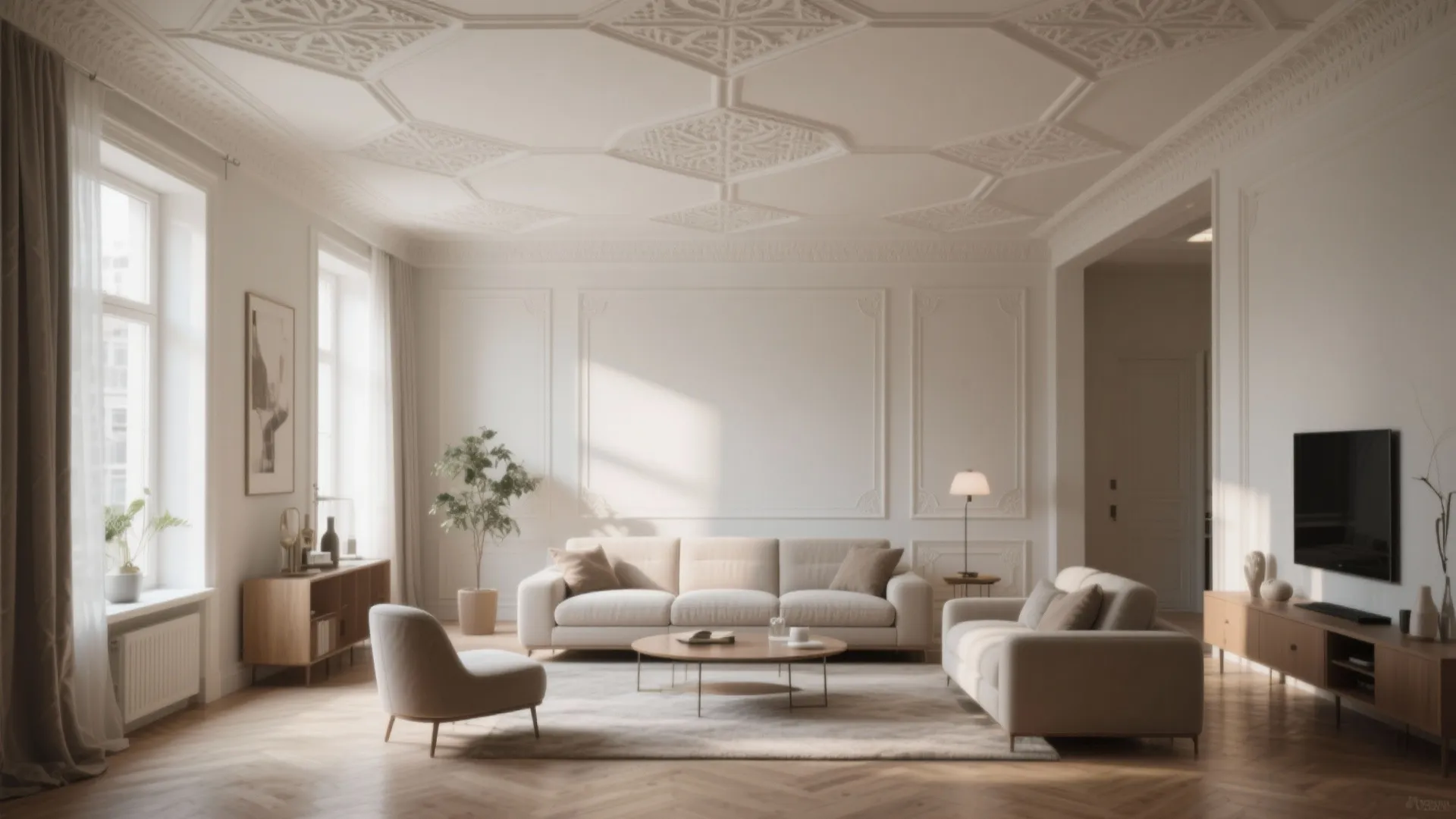 Elegant living room with patterned ceiling wall panel white sofa wooden cabinet and television screen