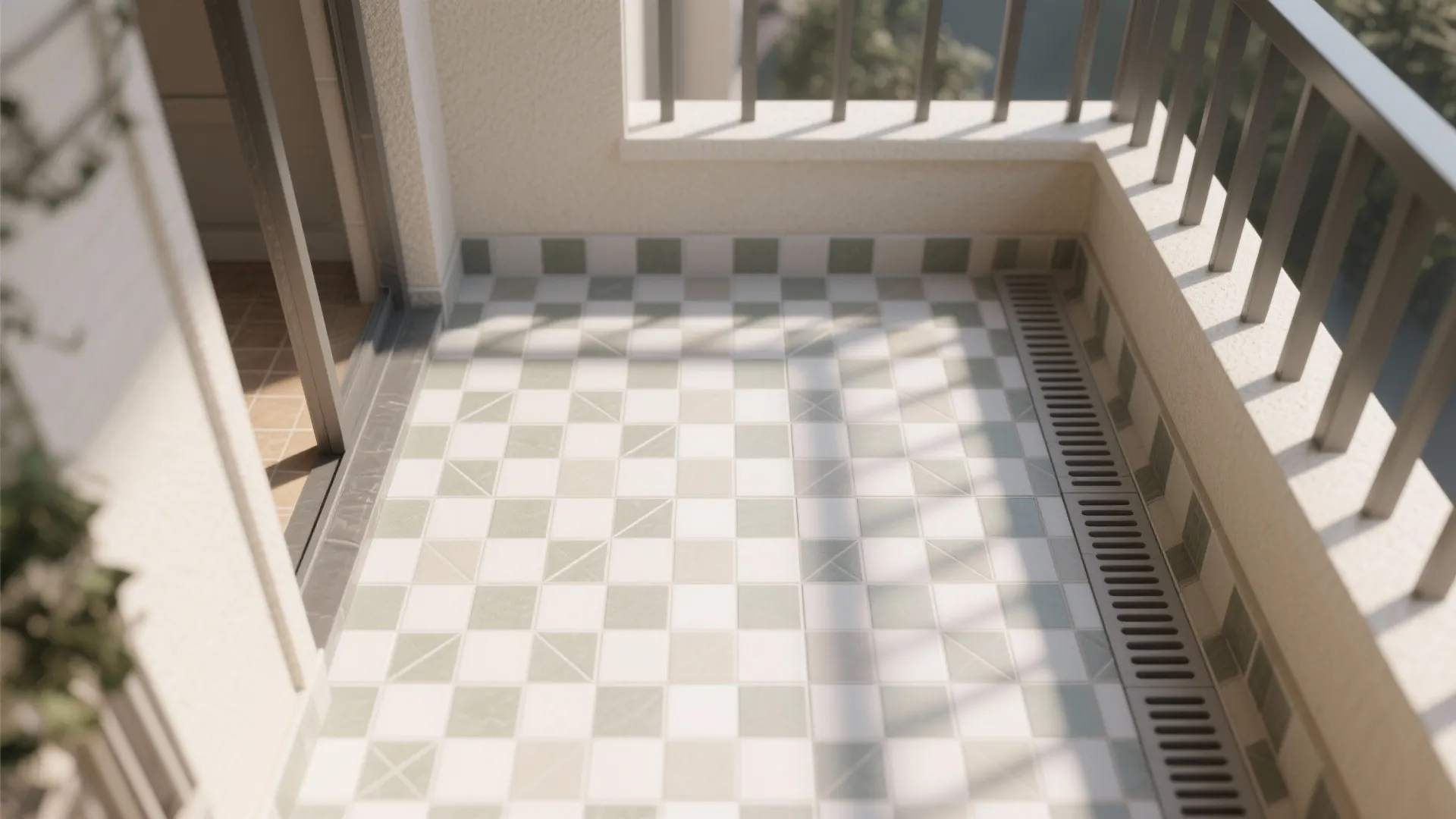 Top-down view of patterned ceramic tiles aligned with slope and threshold.