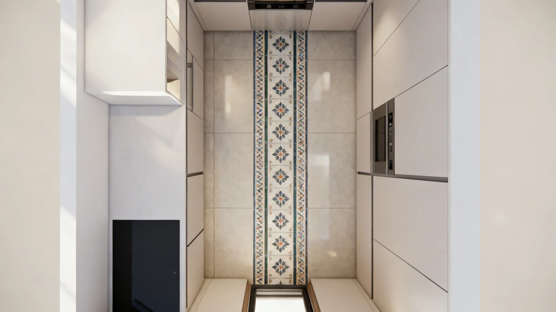 Top-down plan view showing centered patterned tile runner and backsplash strip in a compact kitchen.