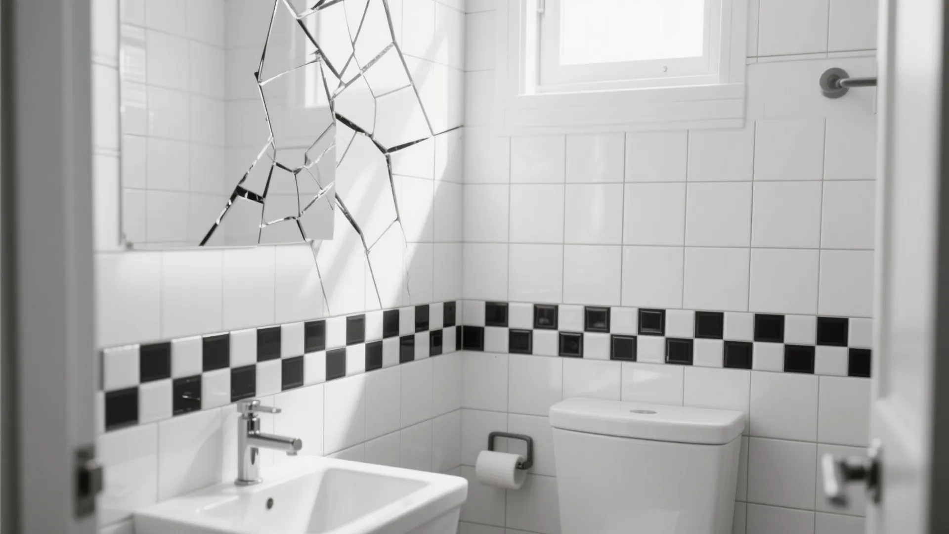 Modern bathroom with geometric black-and-white listello strip