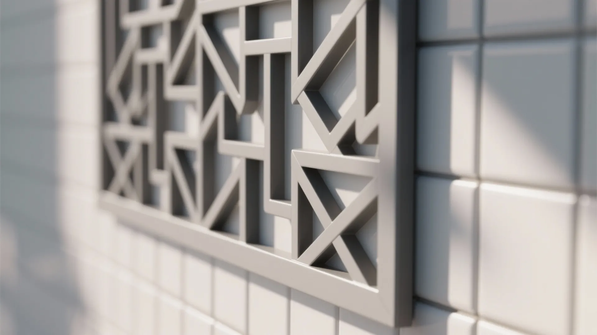 Close up view of grey geometric pattern frame mounted on a white square tiled wall