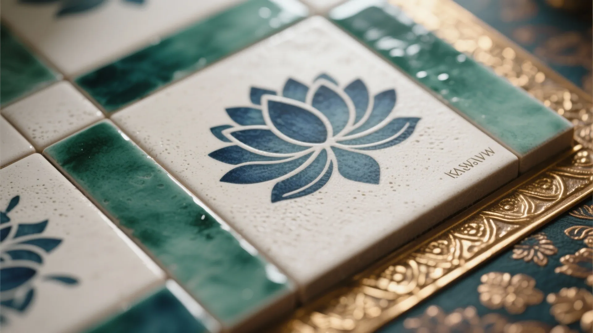 Close up of decorative bathroom tiles with blue flower pattern and green glazed border details decoration