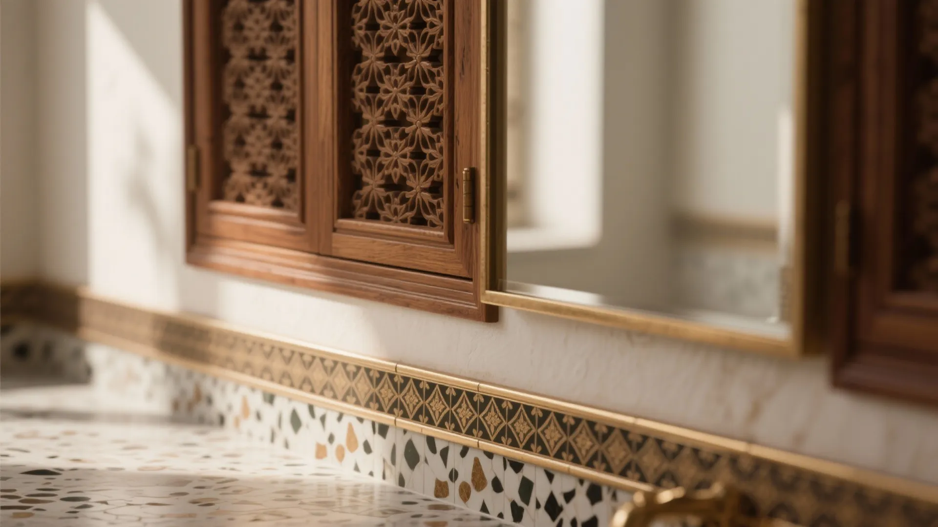 Close up of bathroom wall with wooden cabinet doors gold mirror frame and patterned tile border