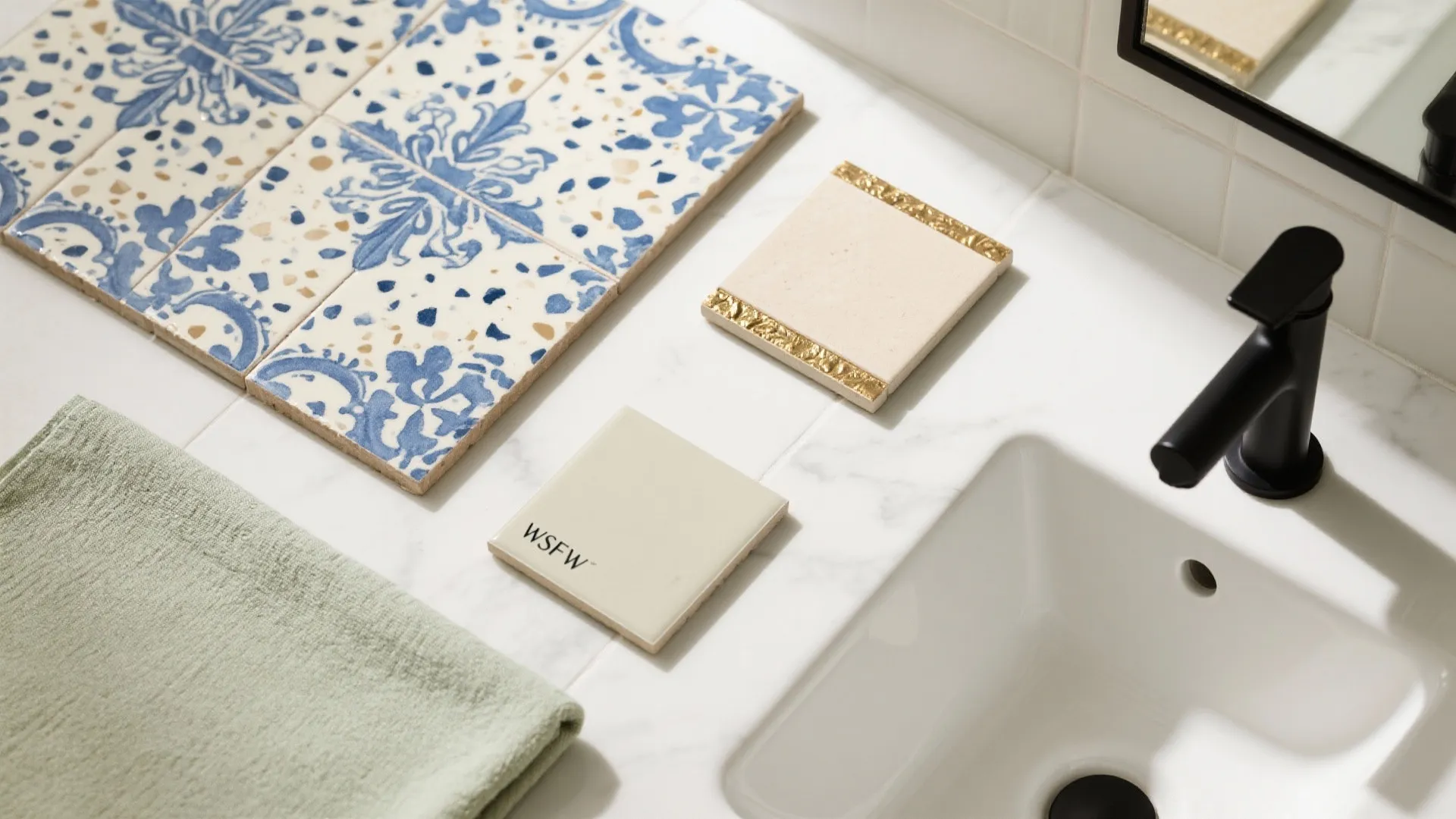 Blue patterned tiles and gold trim samples next to white sink with black tap fixture