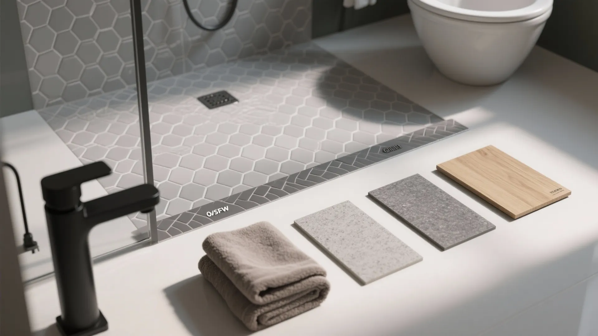 Bathroom material samples with grey hexagon tiles black faucet folded towel and wood texture board