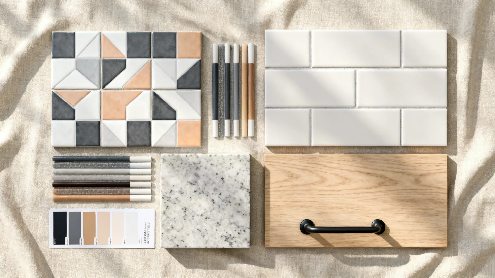 Top-down flatlay of patterned tile, grout, quartz, wood veneer, and hardware in neutral tones.
