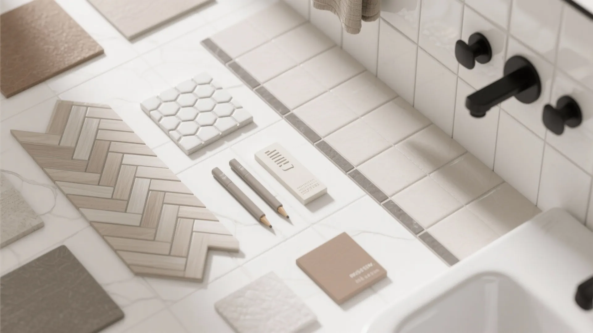 Various floor tile samples including wood patterns and hexagon shapes placed on a white surface table