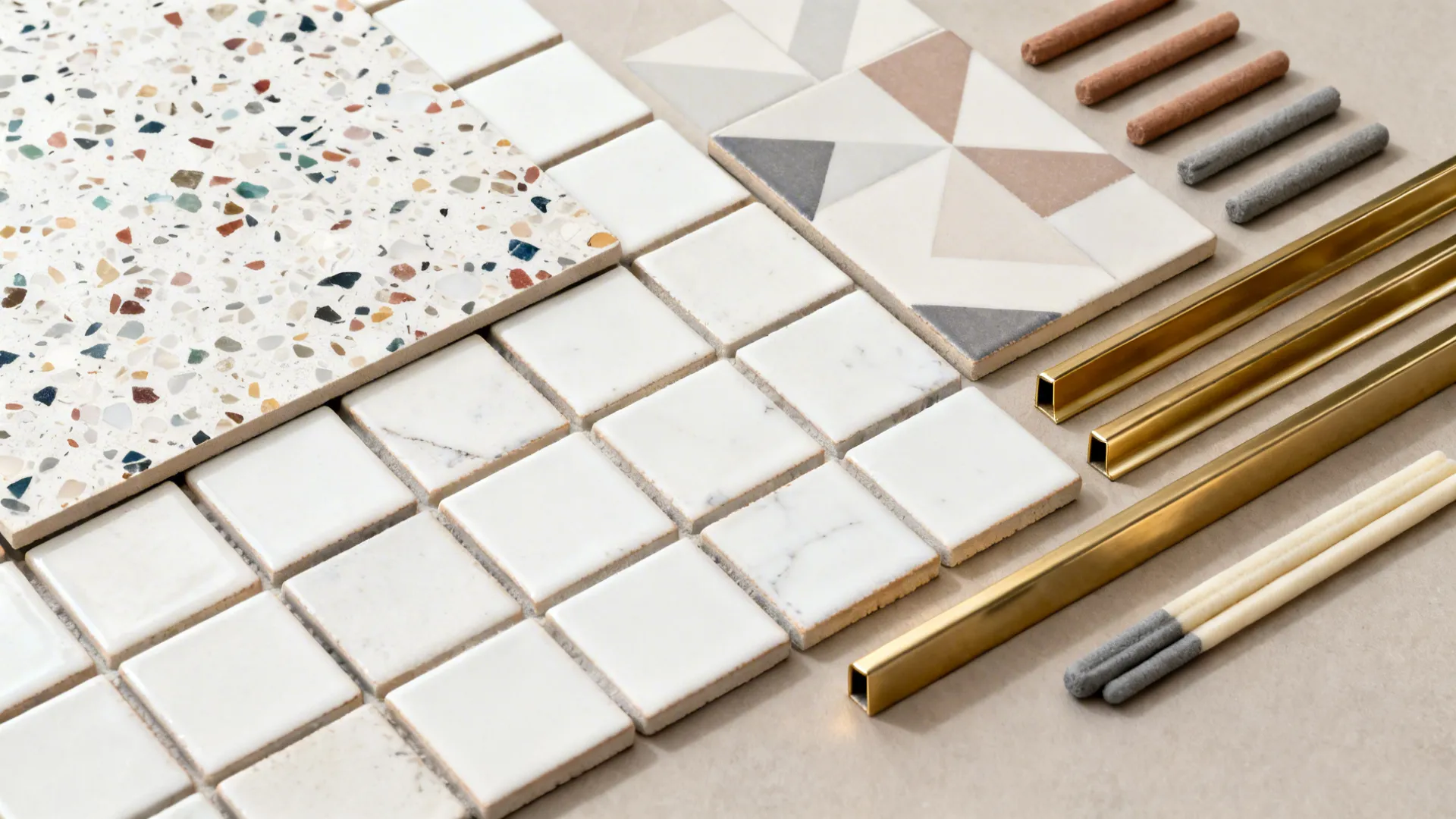 Top-down flat lay of zellige, terrazzo, graphic tile samples with grout options.