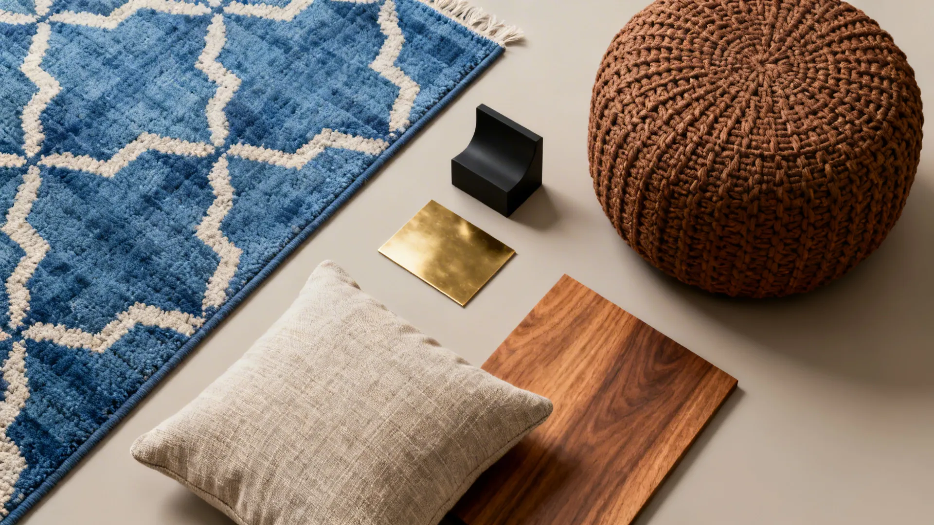 Flat lay of interior design materials including blue rug beige pillow and brown woven footrest