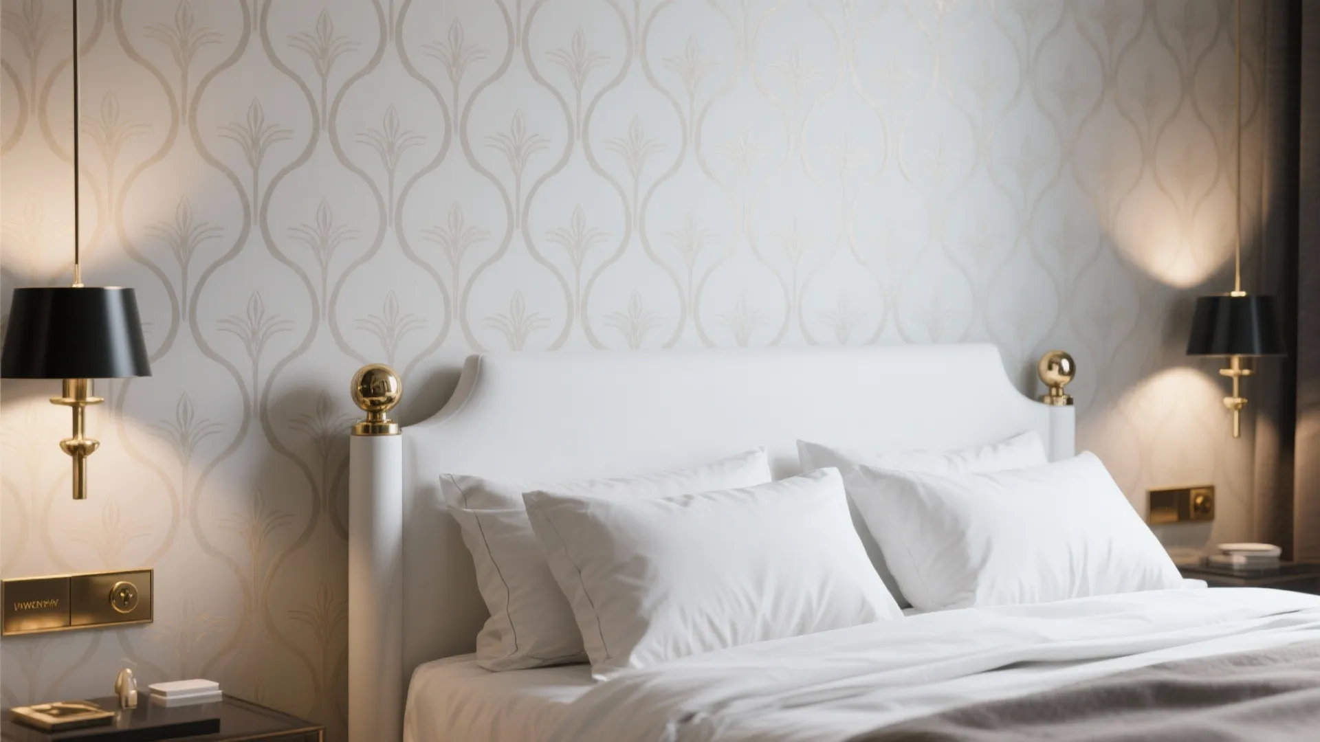 Subtle patterned wallpaper behind a white bed with brass and matte black hardware accents.