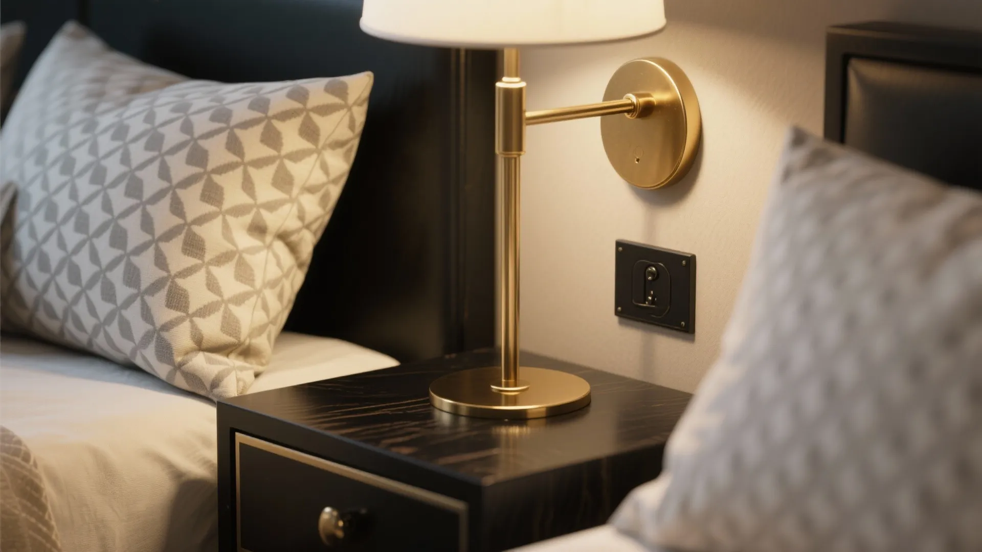 Gold wall light over a black wooden nightstand with patterned pillows in a cozy bedroom